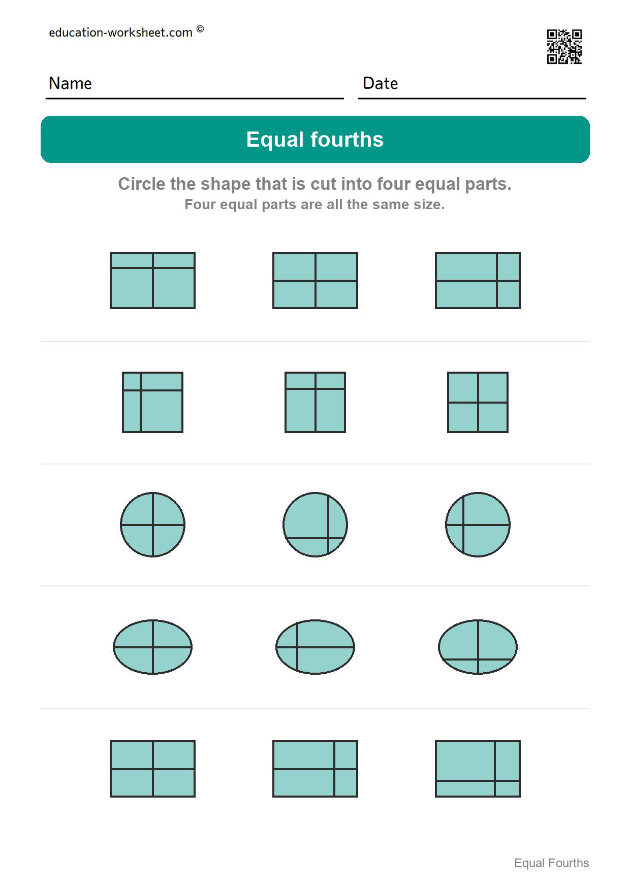 Circle the equal fourths (Set 4) - Free Fourths Worksheets for Kindergarten - Four Equal Parts of Shapes