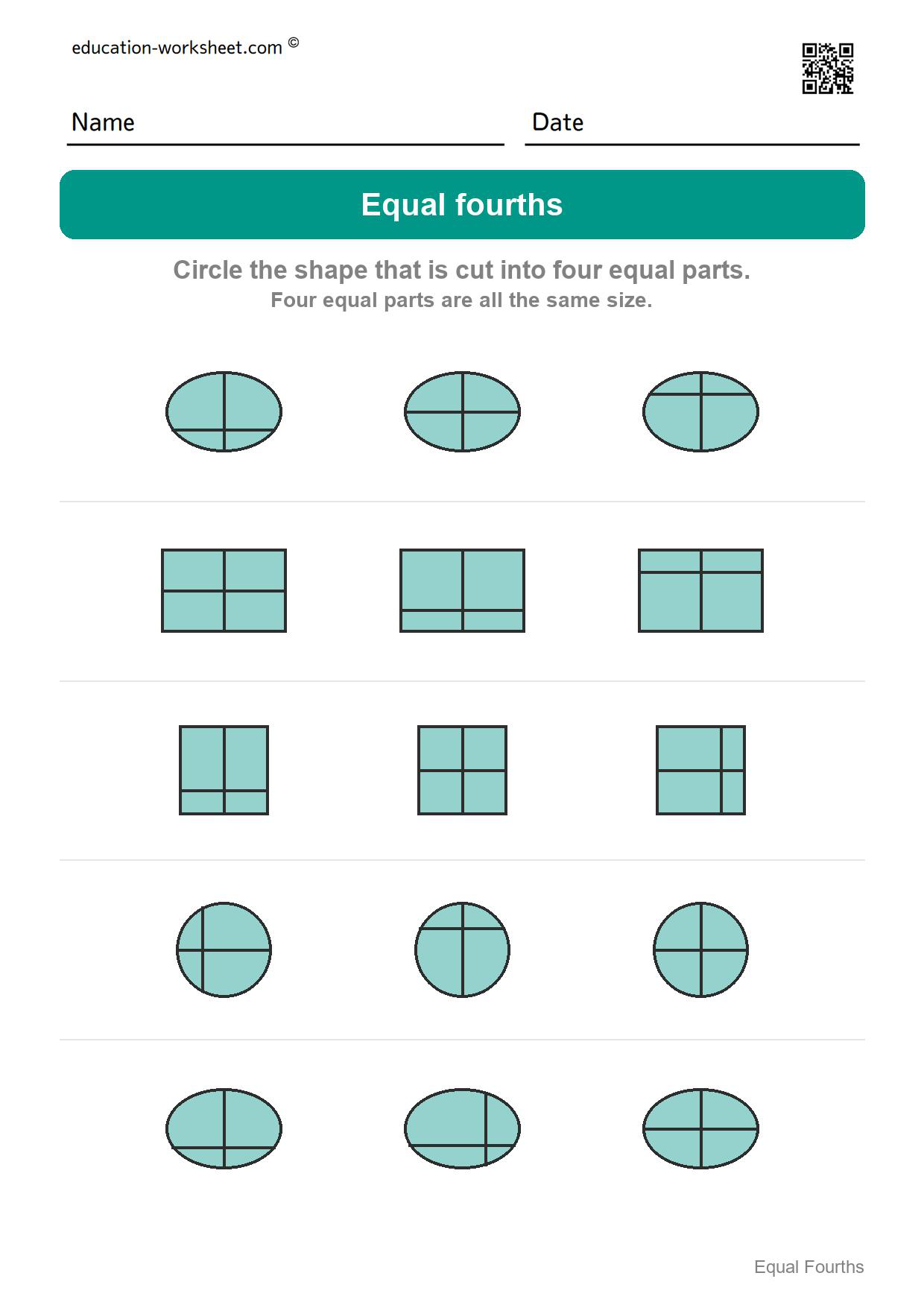Circle the equal fourths (Set 5) - Free Fourths Worksheets for Kindergarten - Four Equal Parts of Shapes
