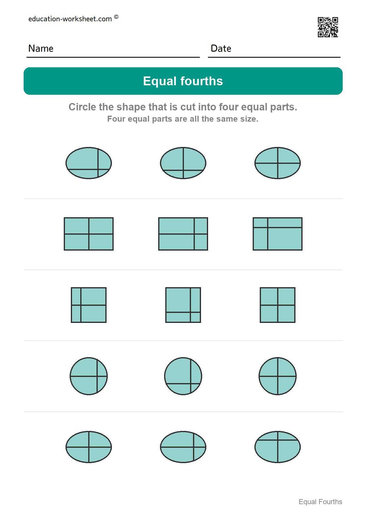 Circle the equal fourths (Set 6) - Free Fourths Worksheets for Kindergarten - Four Equal Parts of Shapes