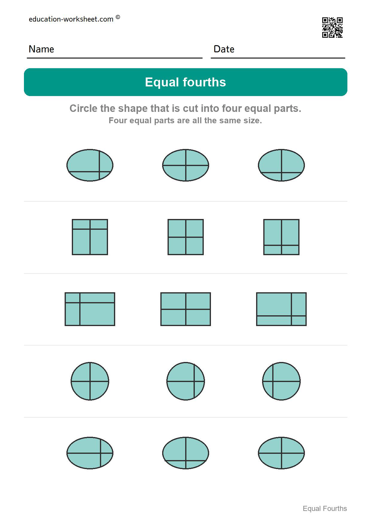 Circle the equal fourths (Set 7) - Free Fourths Worksheets for Kindergarten - Four Equal Parts of Shapes