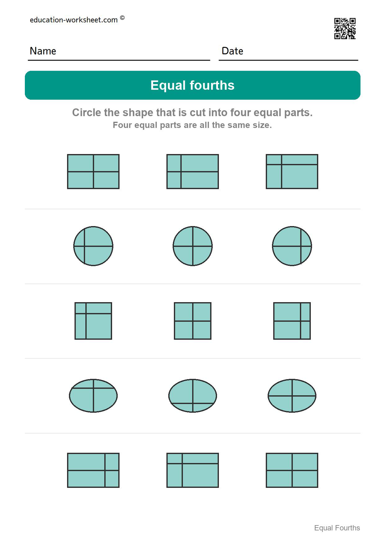 Circle the equal fourths (Set 8) - Free Fourths Worksheets for Kindergarten - Four Equal Parts of Shapes