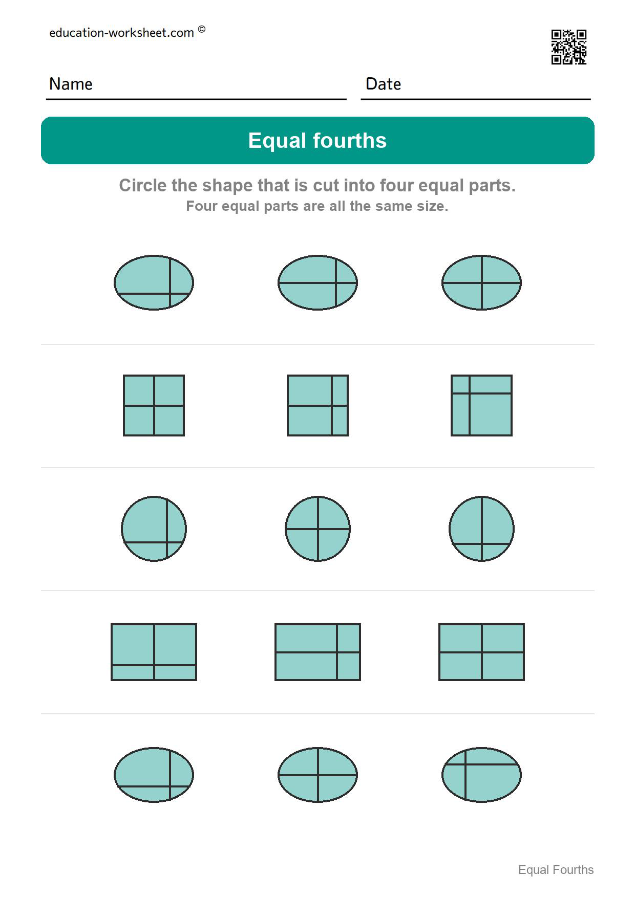 Circle the equal fourths (Set 9) - Free Fourths Worksheets for Kindergarten - Four Equal Parts of Shapes