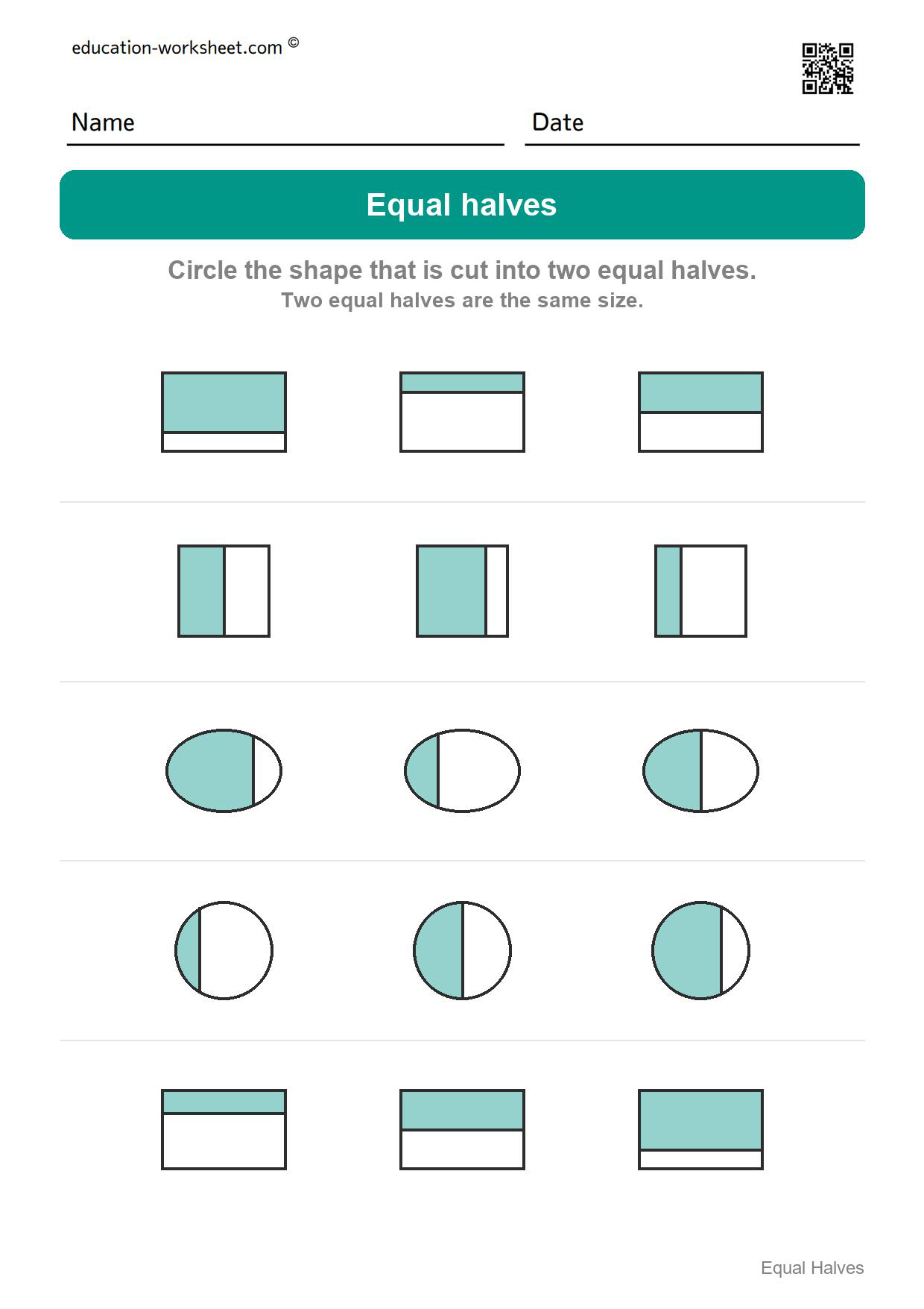 Circle the equal halves (Set 1) - Free Halves Worksheets for Kindergarten - Equal Parts of Shapes