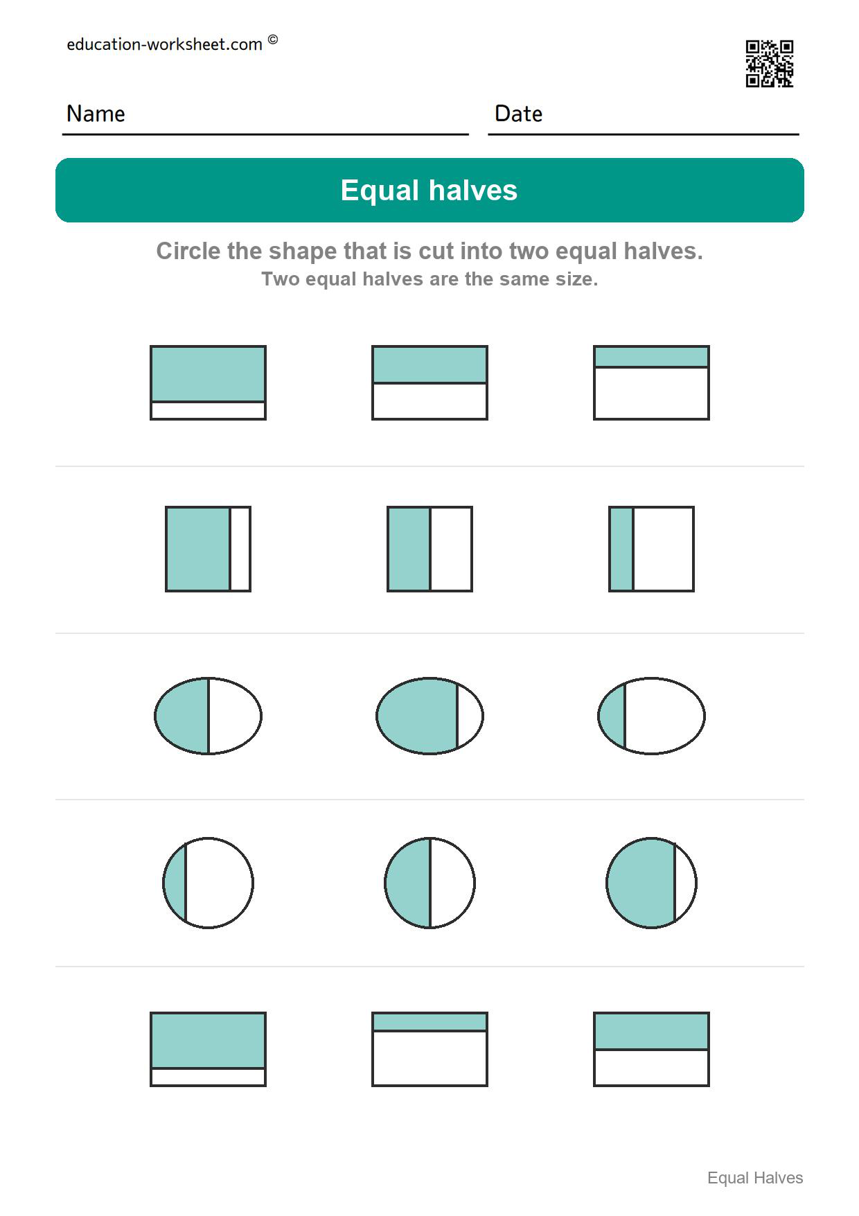 Circle the equal halves (Set 10) - Free Halves Worksheets for Kindergarten - Equal Parts of Shapes