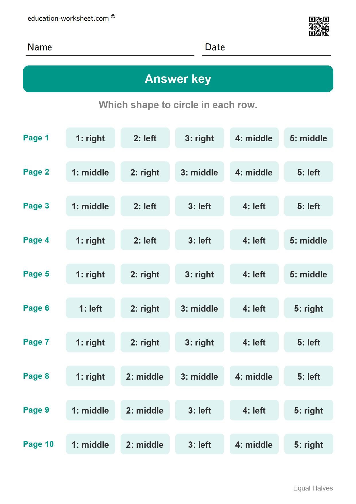 Answer key - all 10 pages - Free Halves Worksheets for Kindergarten - Equal Parts of Shapes