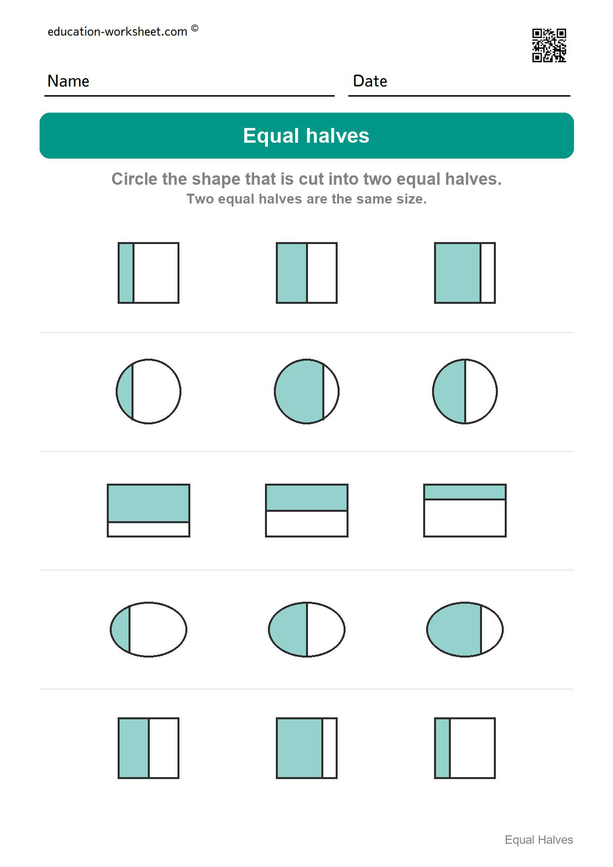 Circle the equal halves (Set 2) - Free Halves Worksheets for Kindergarten - Equal Parts of Shapes