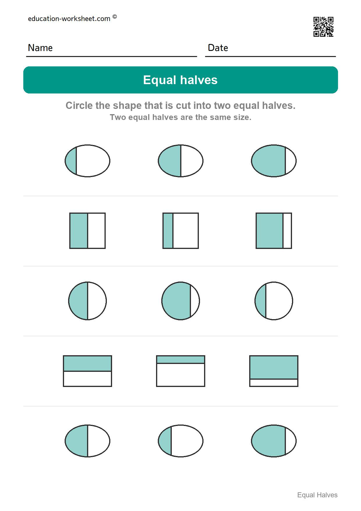 Circle the equal halves (Set 3) - Free Halves Worksheets for Kindergarten - Equal Parts of Shapes