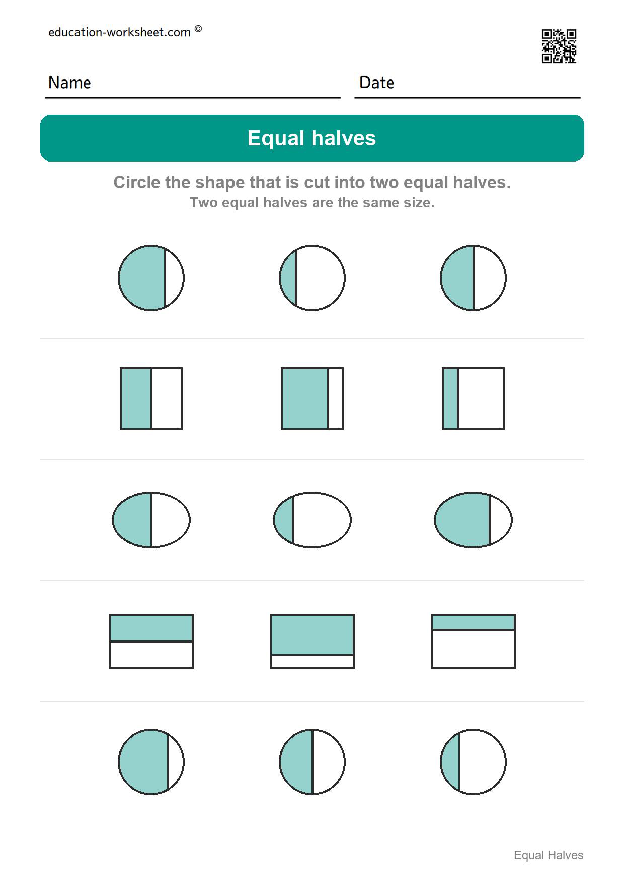 Circle the equal halves (Set 4) - Free Halves Worksheets for Kindergarten - Equal Parts of Shapes