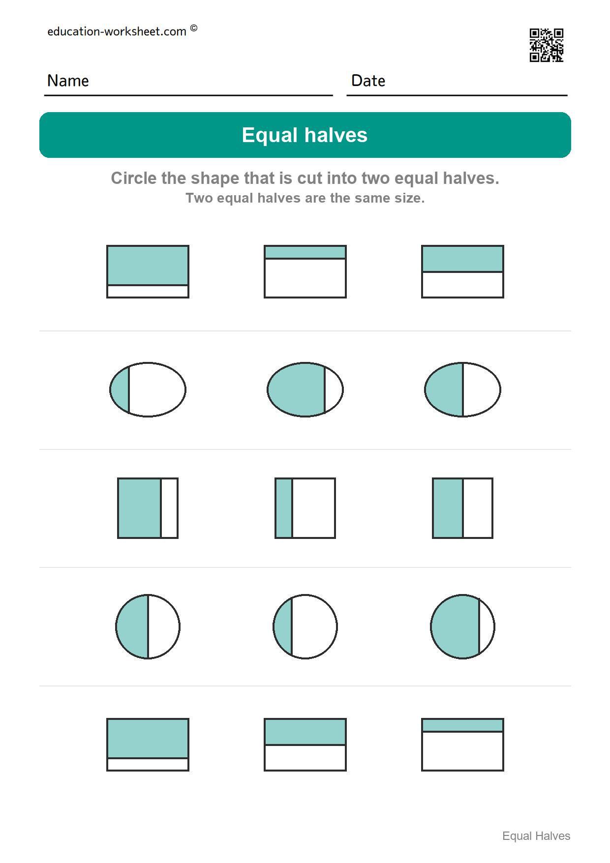 Circle the equal halves (Set 5) - Free Halves Worksheets for Kindergarten - Equal Parts of Shapes