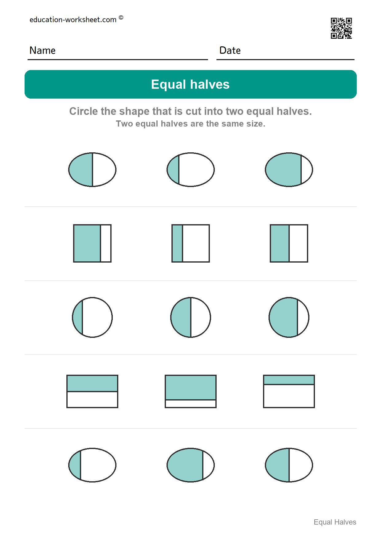Circle the equal halves (Set 6) - Free Halves Worksheets for Kindergarten - Equal Parts of Shapes
