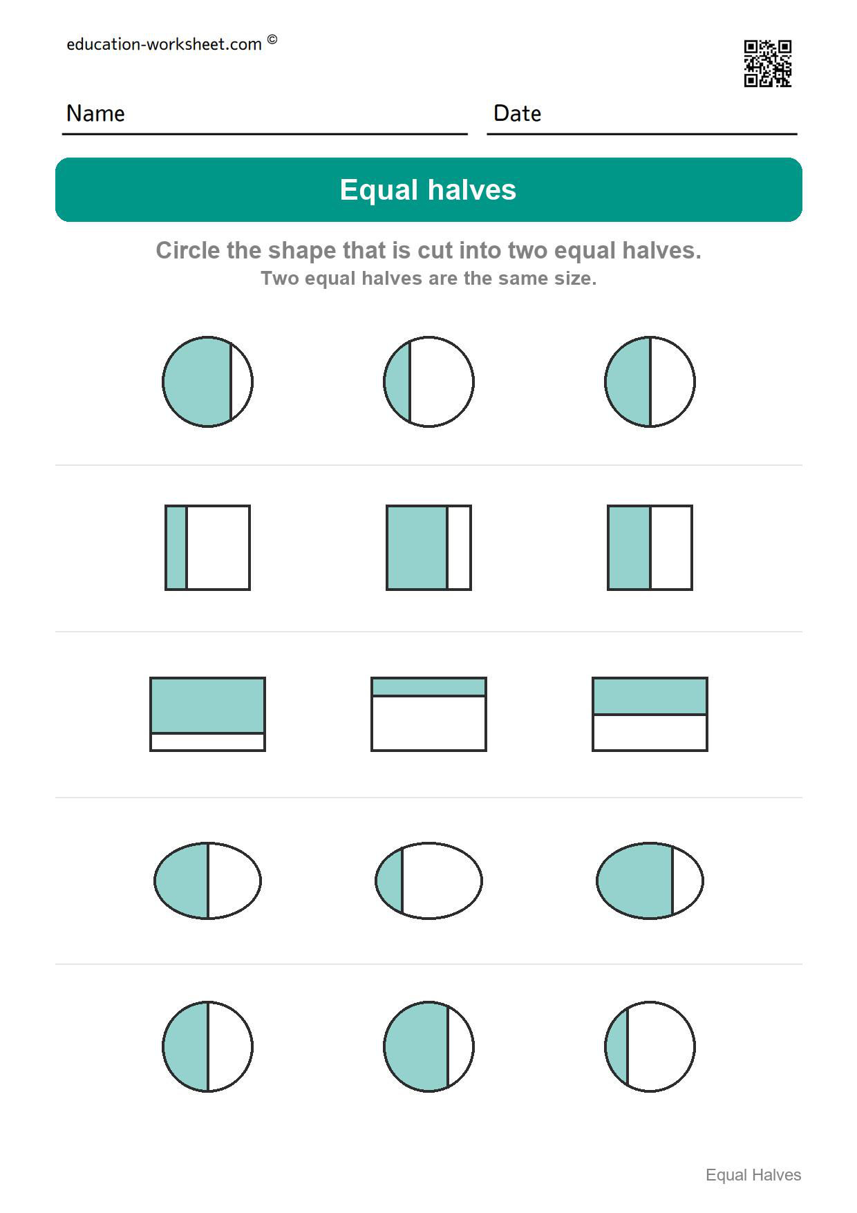 Circle the equal halves (Set 7) - Free Halves Worksheets for Kindergarten - Equal Parts of Shapes