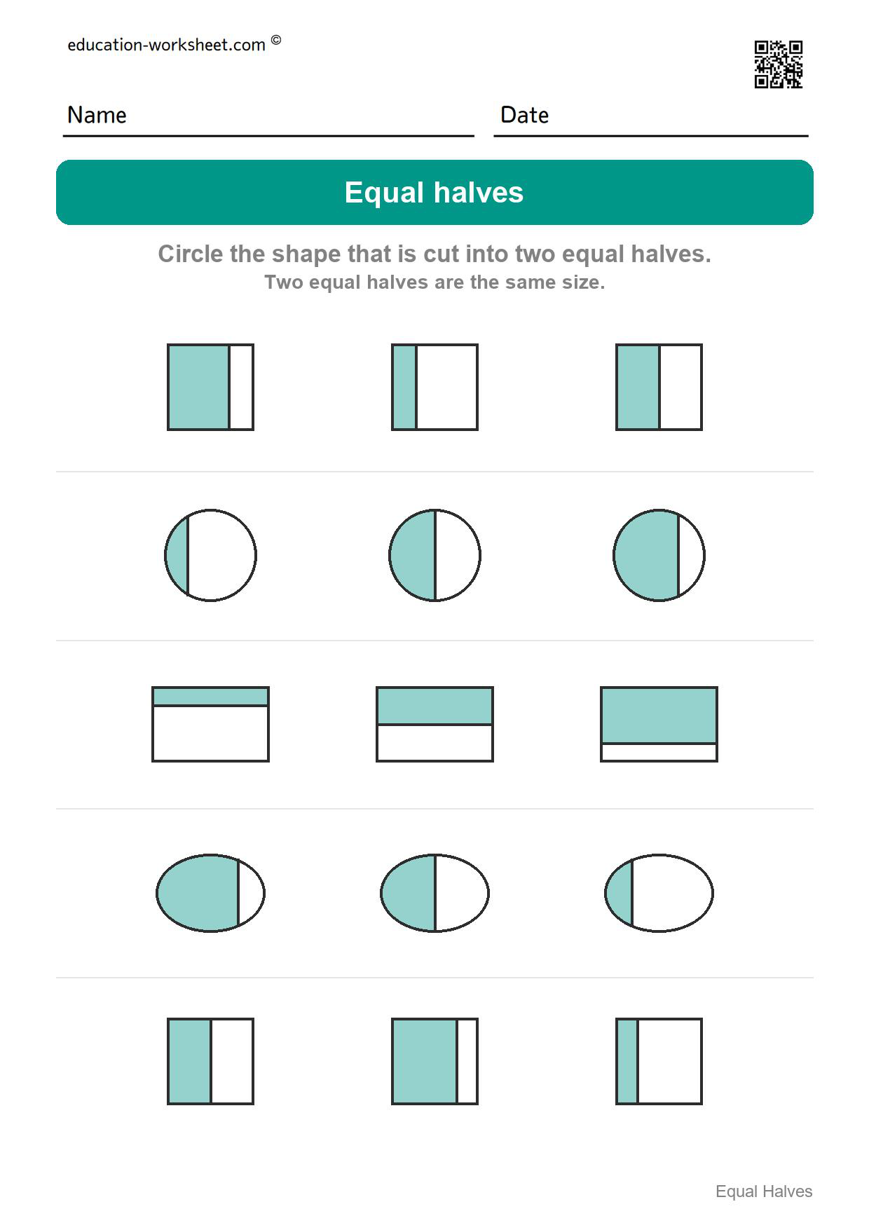 Circle the equal halves (Set 8) - Free Halves Worksheets for Kindergarten - Equal Parts of Shapes