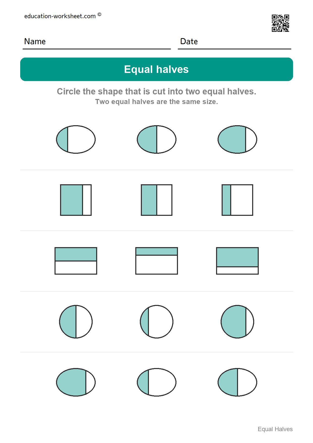 Circle the equal halves (Set 9) - Free Halves Worksheets for Kindergarten - Equal Parts of Shapes