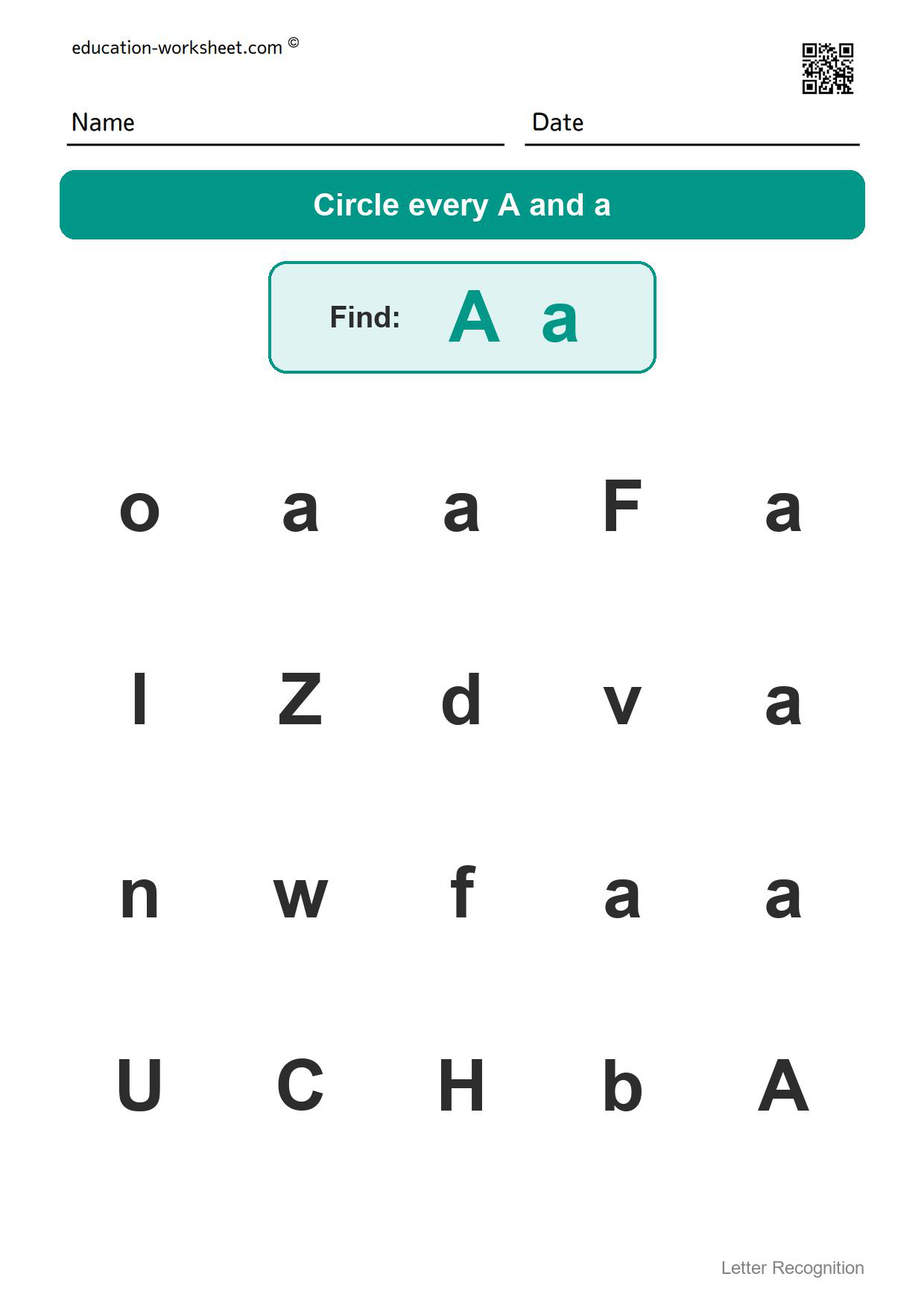Find the letter Aa - Free Find the Letter Worksheets for Kindergarten - Letter Recognition