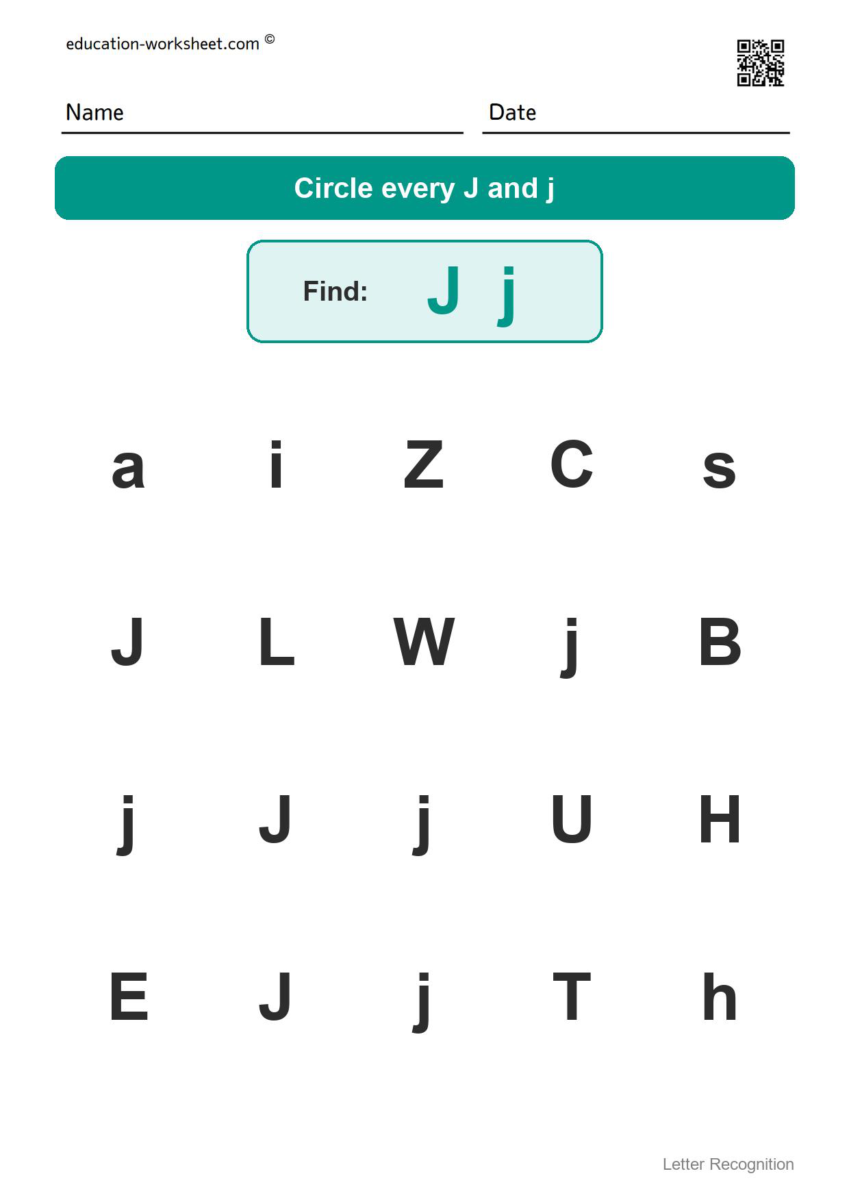 Find the letter Jj - Free Find the Letter Worksheets for Kindergarten - Letter Recognition