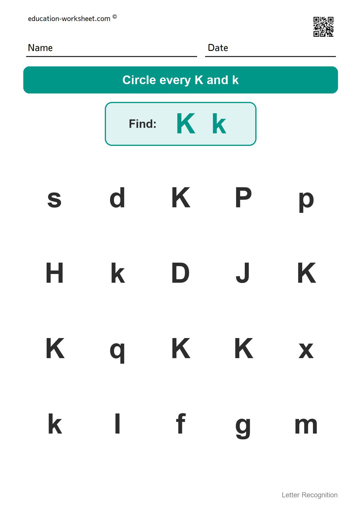Find the letter Kk - Free Find the Letter Worksheets for Kindergarten - Letter Recognition