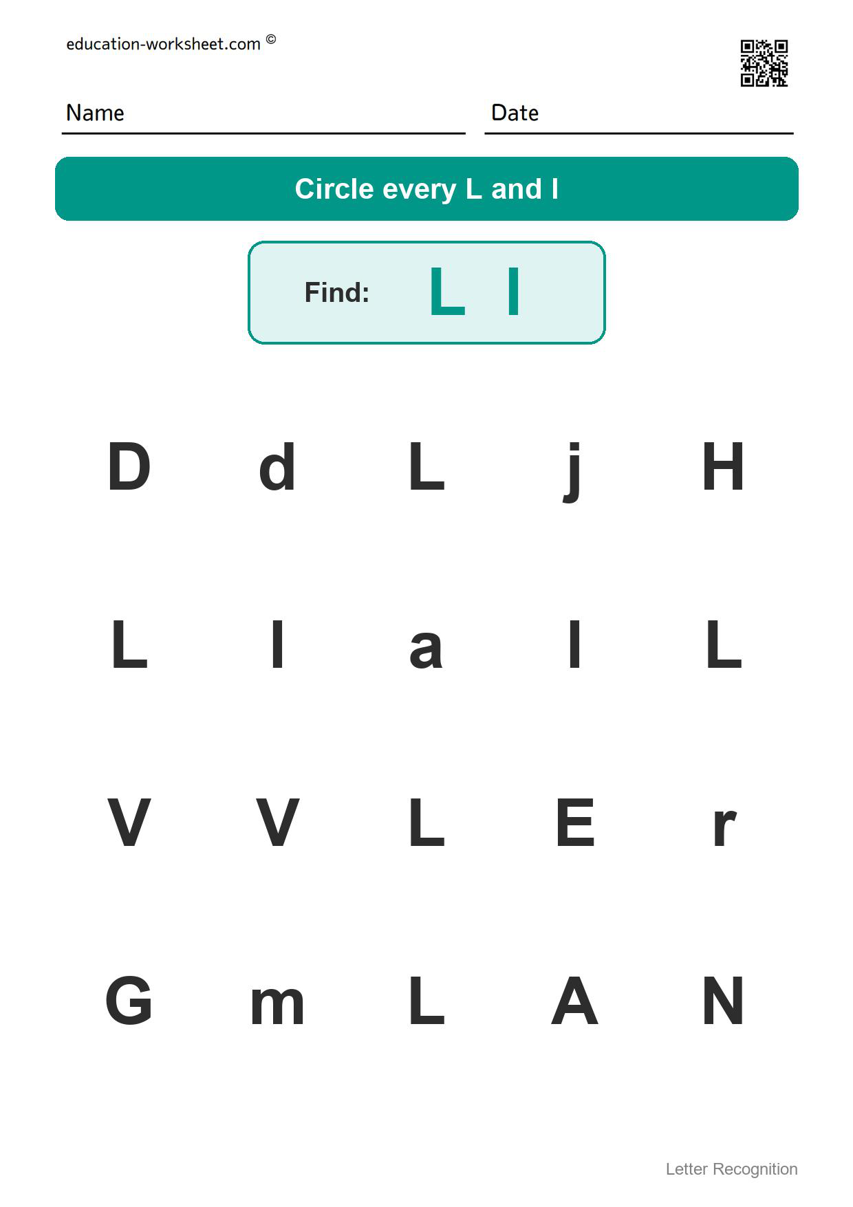 Find the letter Ll - Free Find the Letter Worksheets for Kindergarten - Letter Recognition