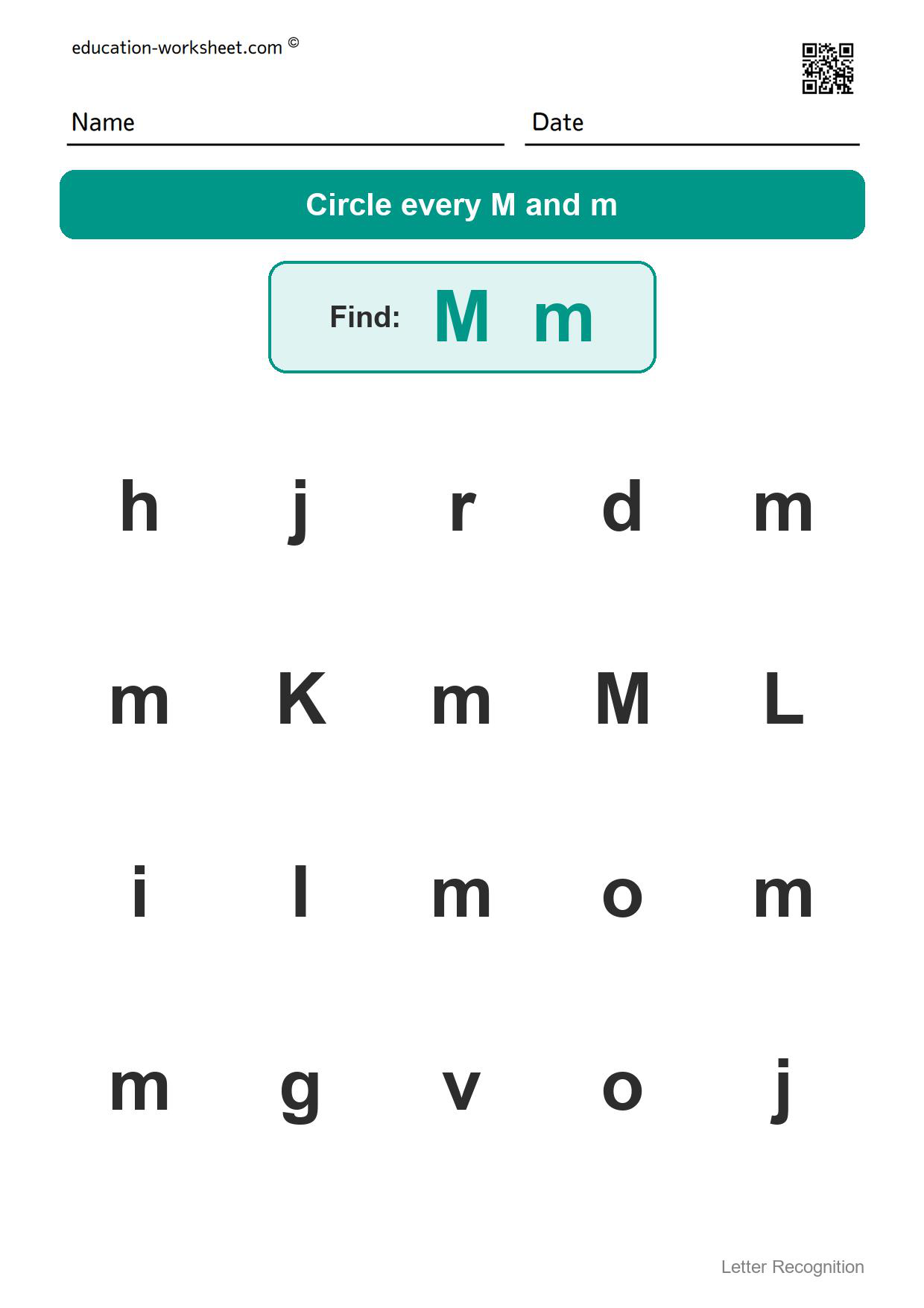 Find the letter Mm - Free Find the Letter Worksheets for Kindergarten - Letter Recognition