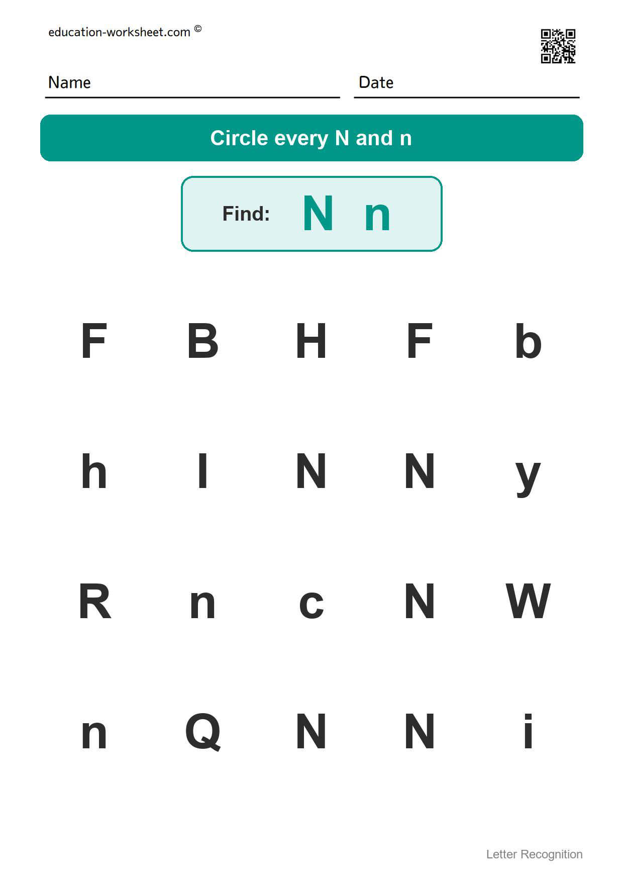 Find the letter Nn - Free Find the Letter Worksheets for Kindergarten - Letter Recognition