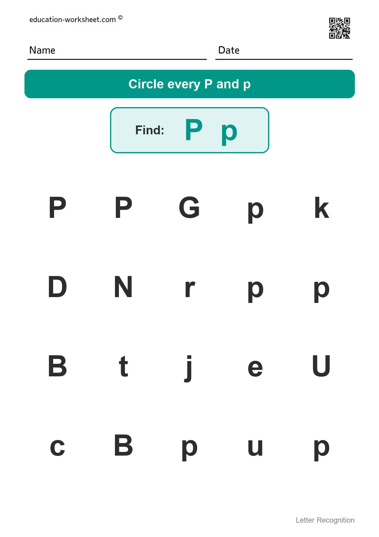 Find the letter Pp - Free Find the Letter Worksheets for Kindergarten - Letter Recognition