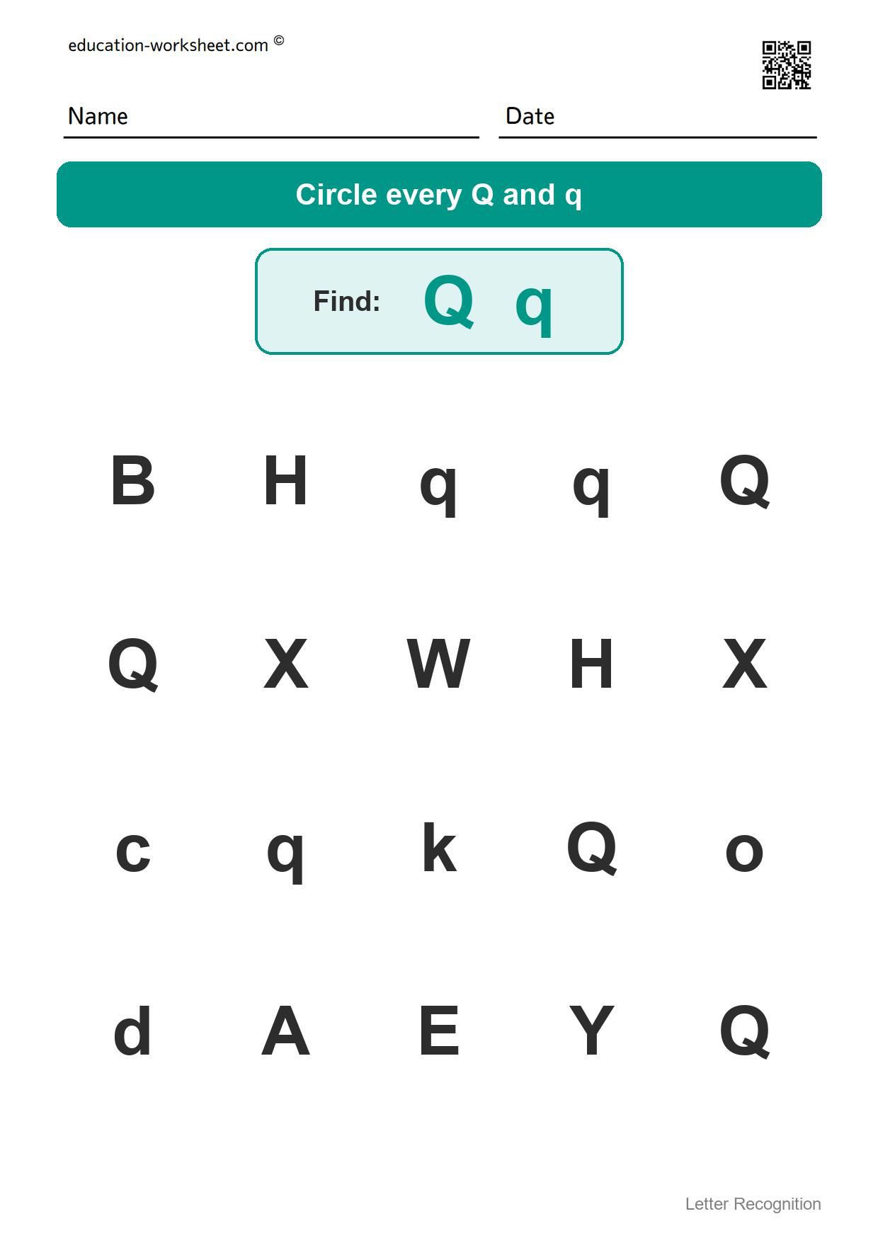 Find the letter Qq - Free Find the Letter Worksheets for Kindergarten - Letter Recognition