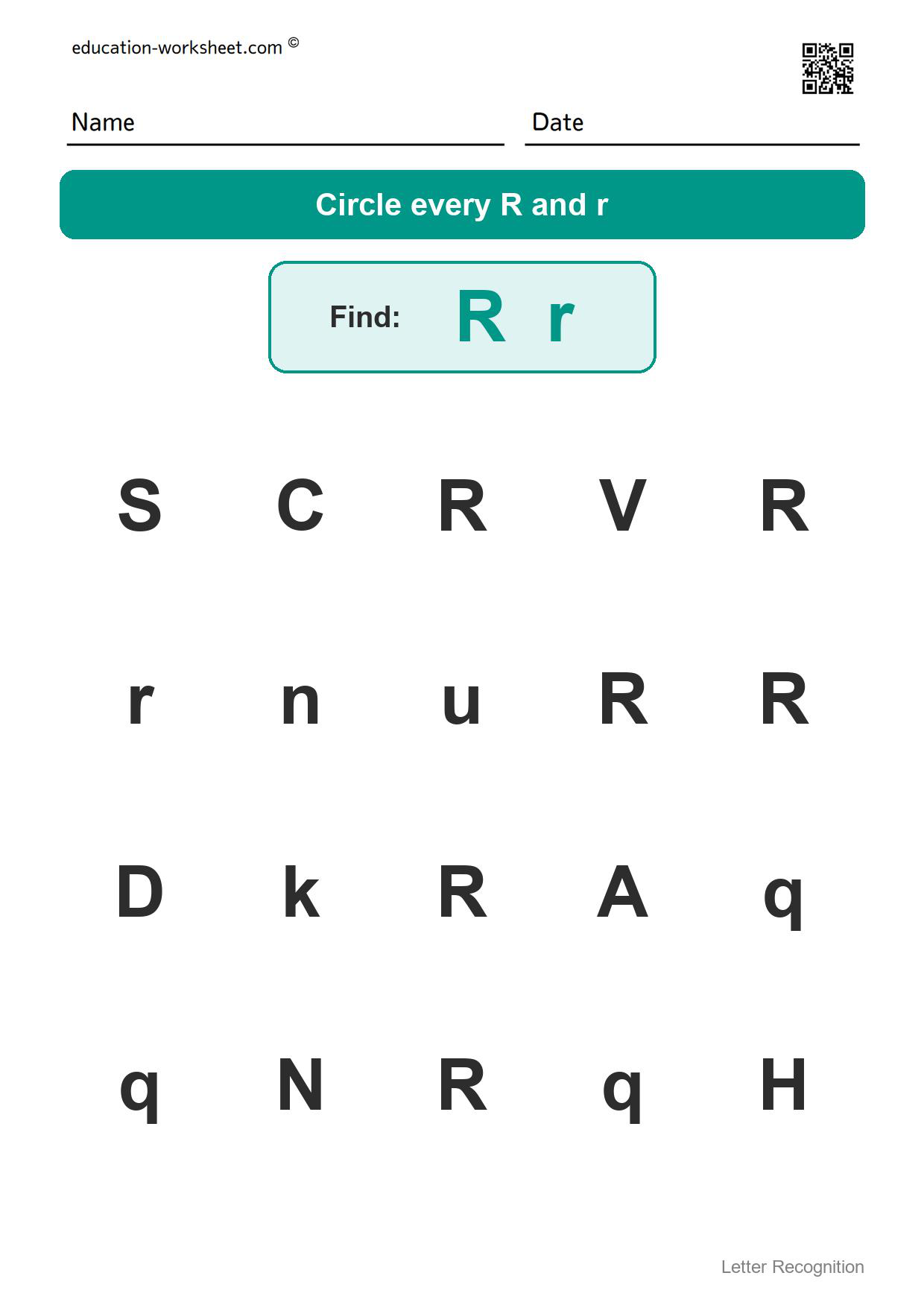 Find the letter Rr - Free Find the Letter Worksheets for Kindergarten - Letter Recognition
