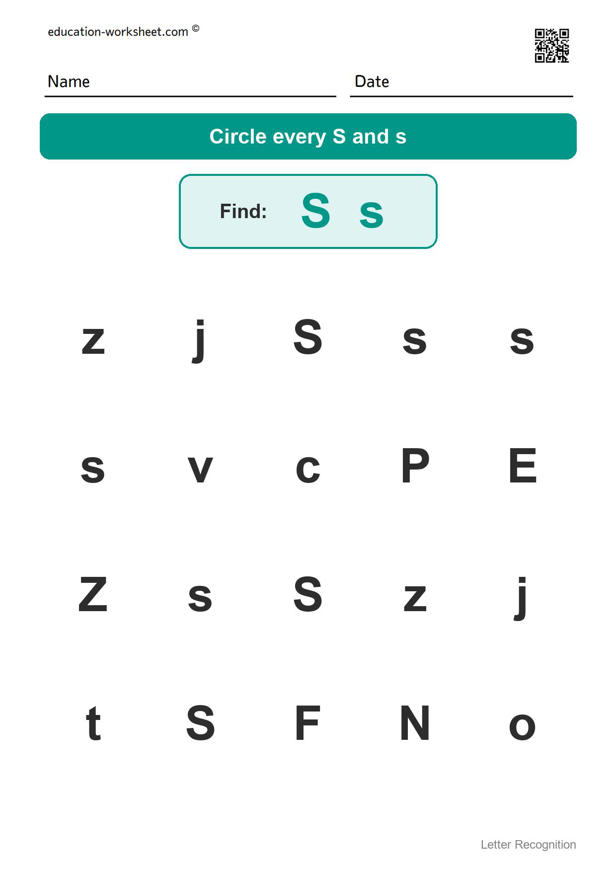 Find the letter Ss - Free Find the Letter Worksheets for Kindergarten - Letter Recognition