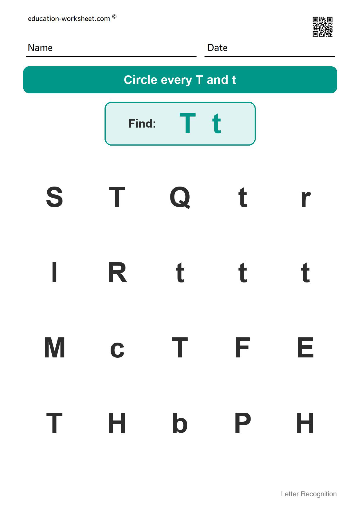 Find the letter Tt - Free Find the Letter Worksheets for Kindergarten - Letter Recognition