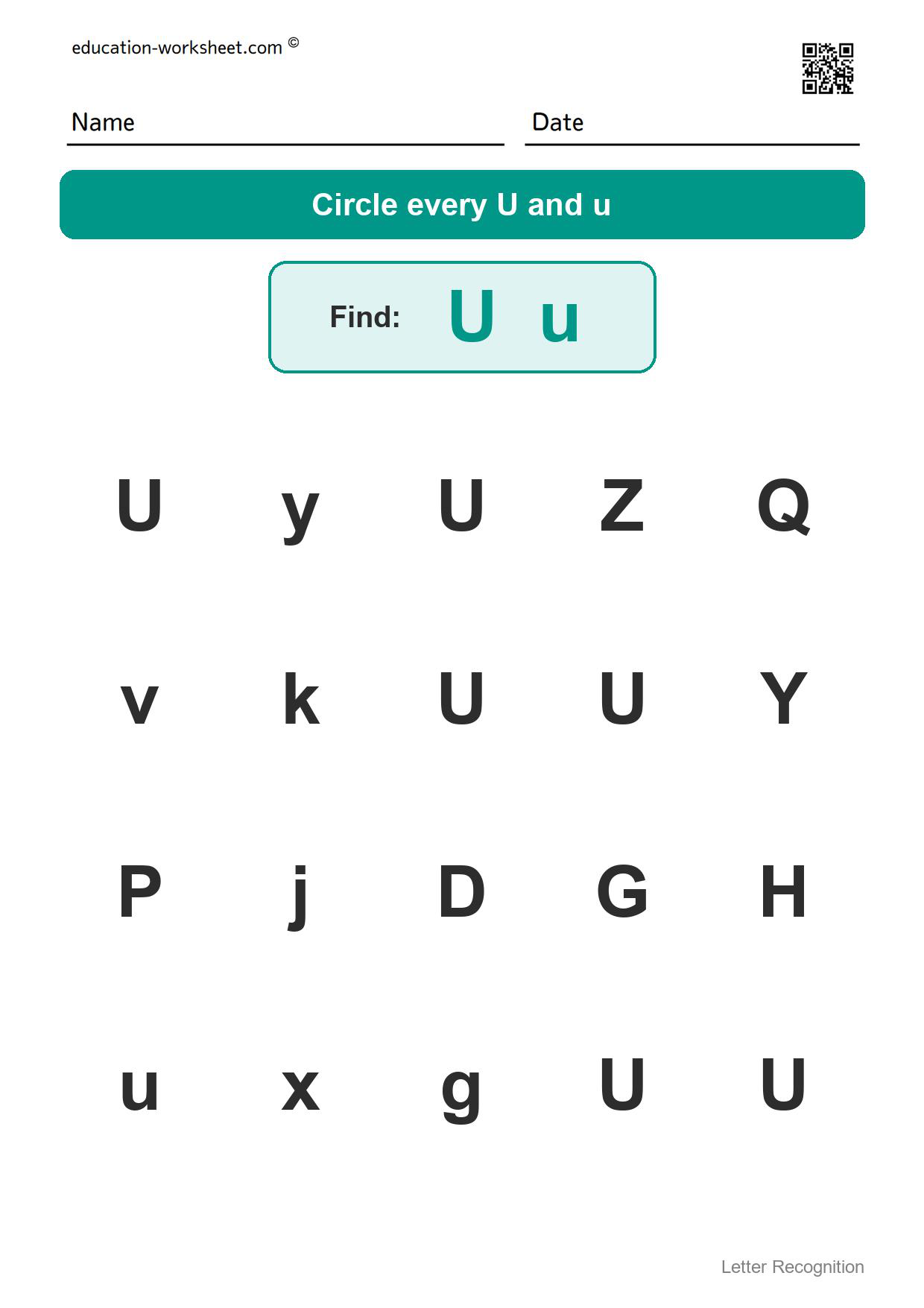 Find the letter Uu - Free Find the Letter Worksheets for Kindergarten - Letter Recognition