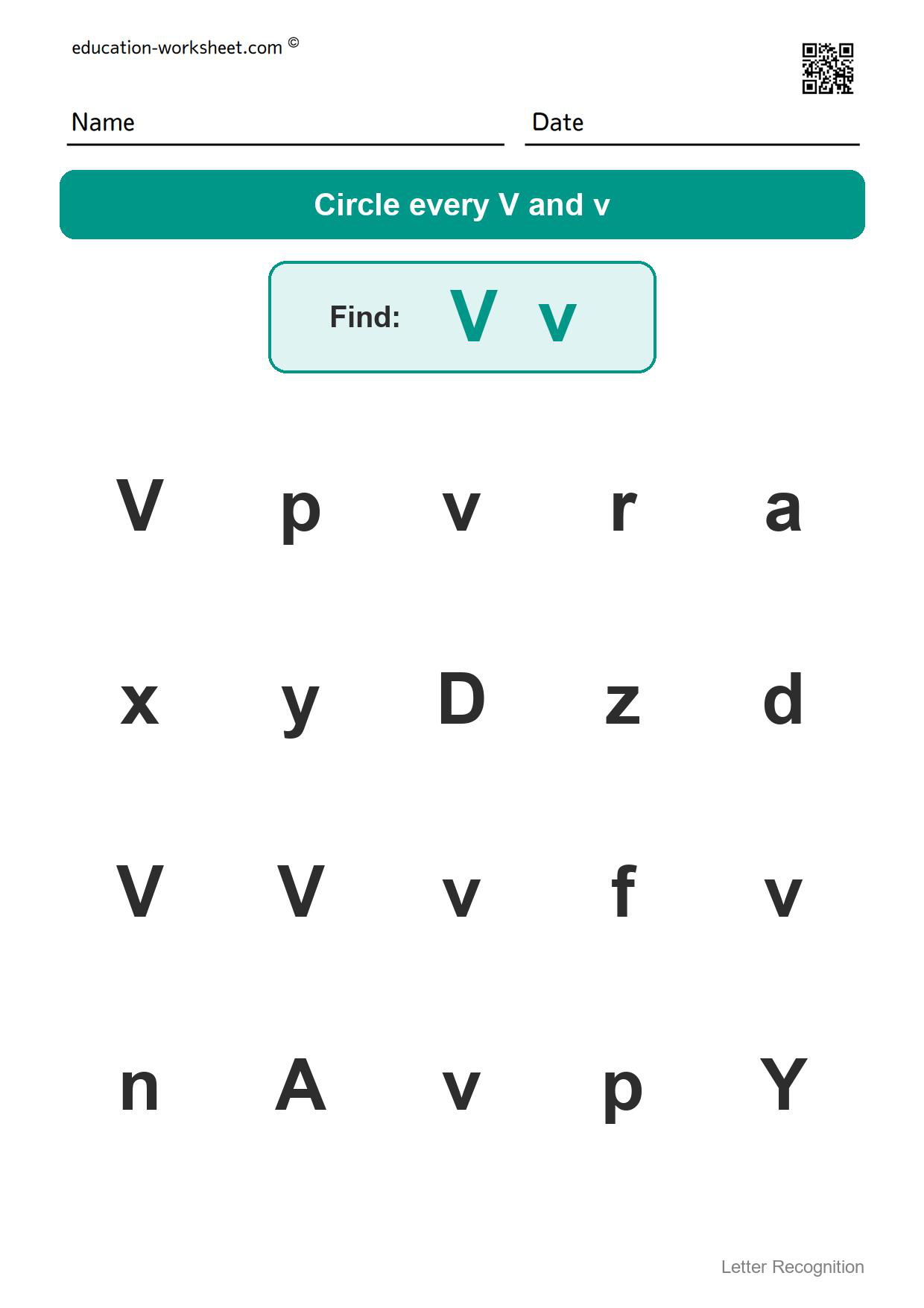 Find the letter Vv - Free Find the Letter Worksheets for Kindergarten - Letter Recognition