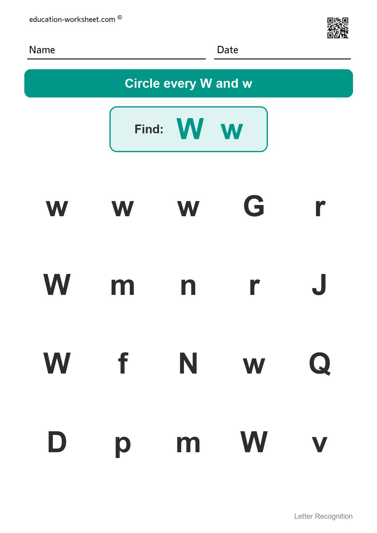 Find the letter Ww - Free Find the Letter Worksheets for Kindergarten - Letter Recognition