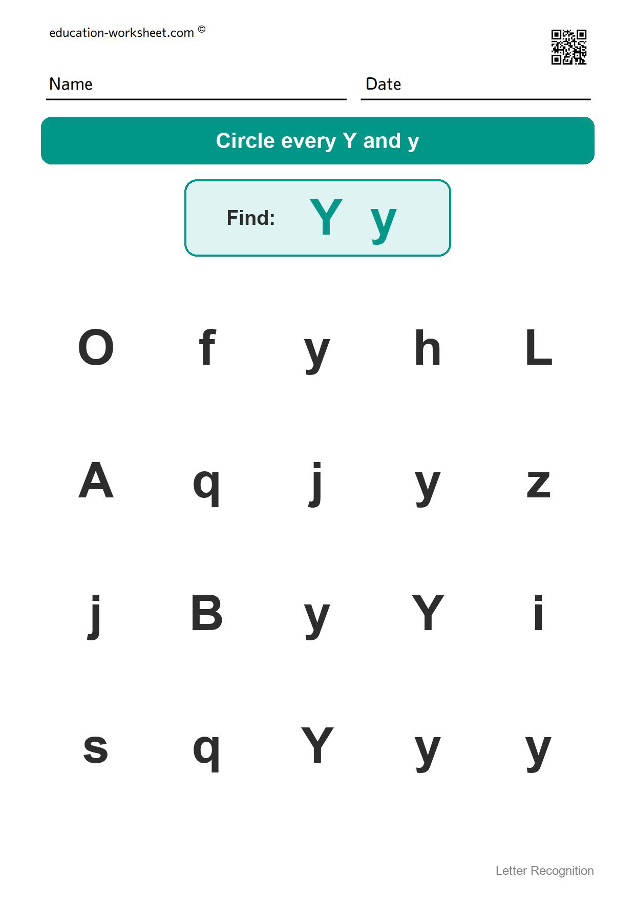 Find the letter Yy - Free Find the Letter Worksheets for Kindergarten - Letter Recognition