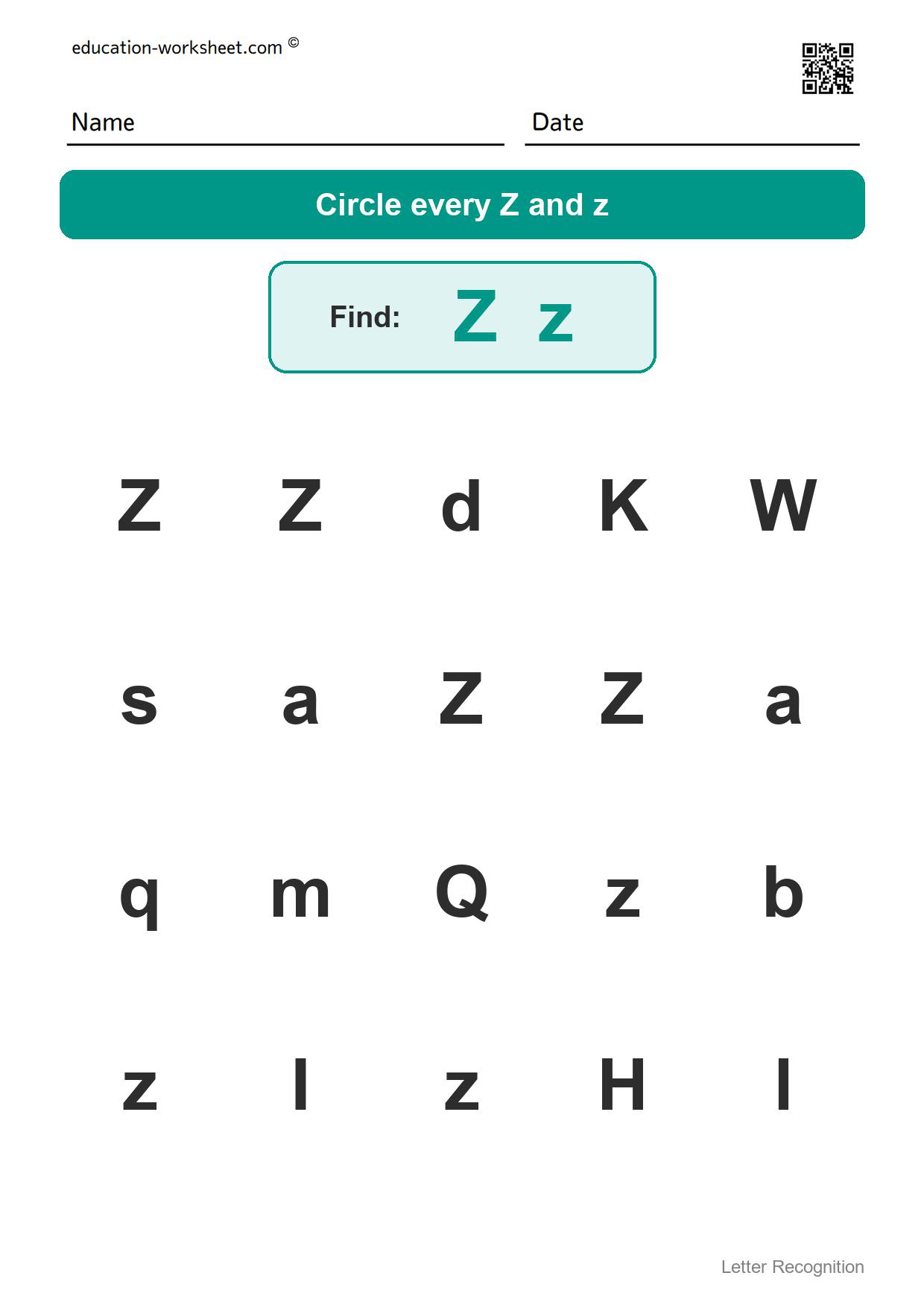 Find the letter Zz - Free Find the Letter Worksheets for Kindergarten - Letter Recognition