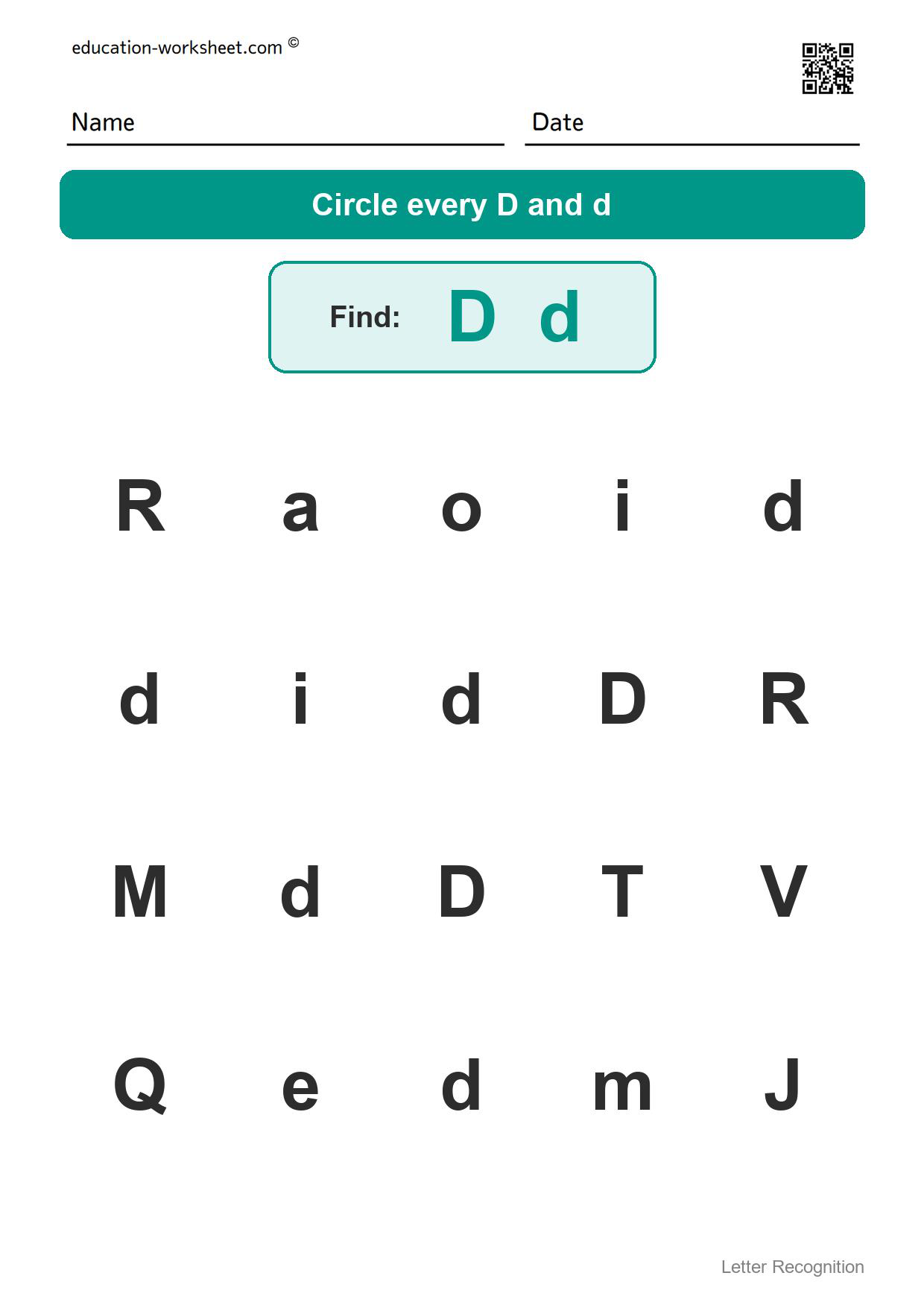 Find the letter Dd - Free Find the Letter Worksheets for Kindergarten - Letter Recognition