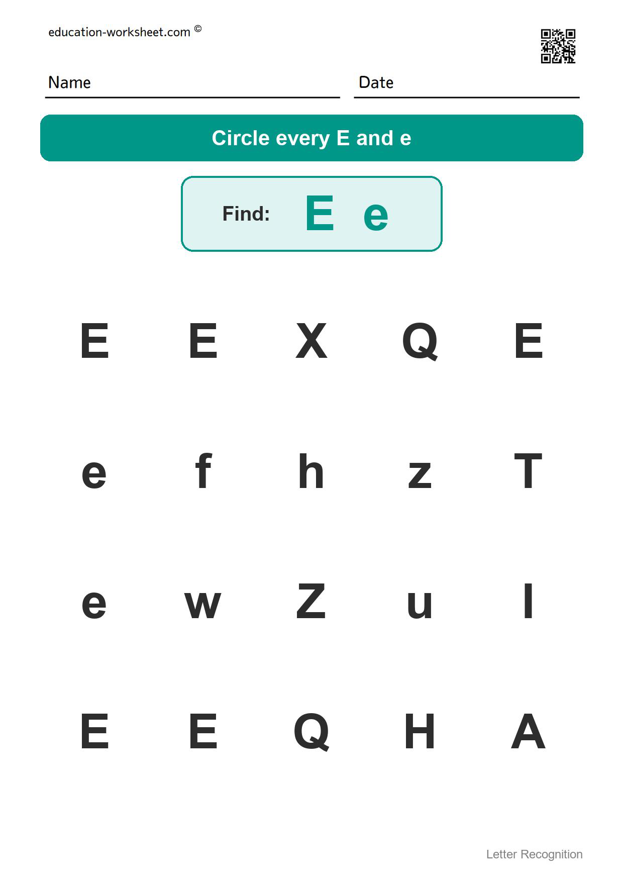 Find the letter Ee - Free Find the Letter Worksheets for Kindergarten - Letter Recognition