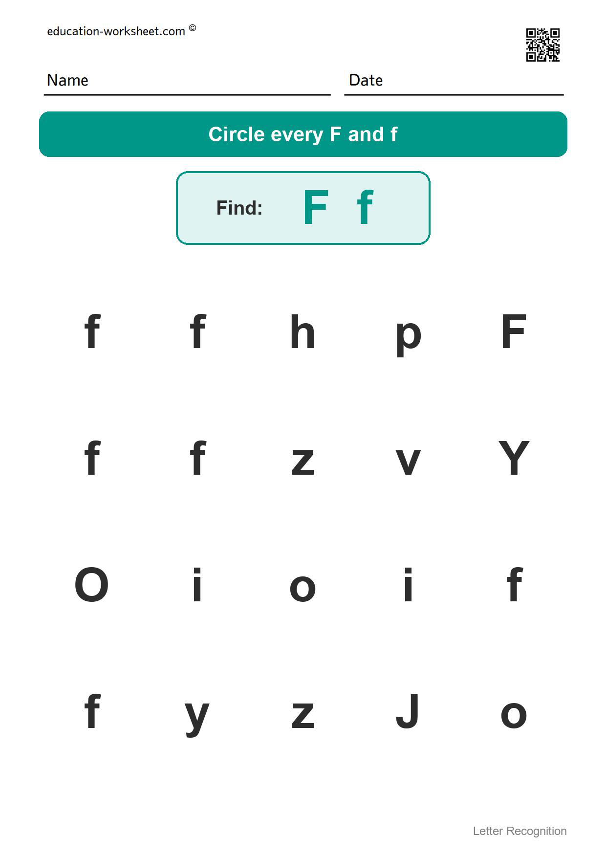 Find the letter Ff - Free Find the Letter Worksheets for Kindergarten - Letter Recognition