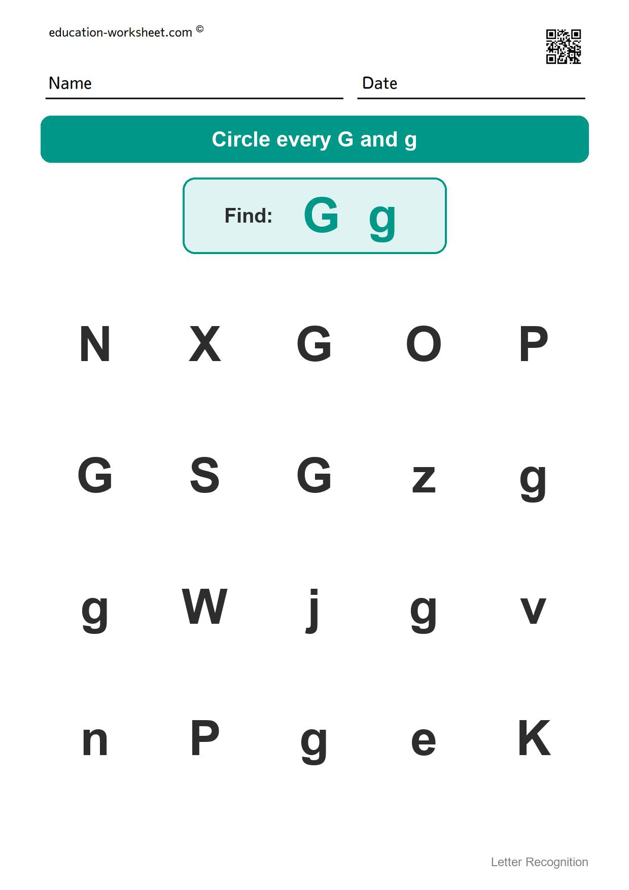 Find the letter Gg - Free Find the Letter Worksheets for Kindergarten - Letter Recognition
