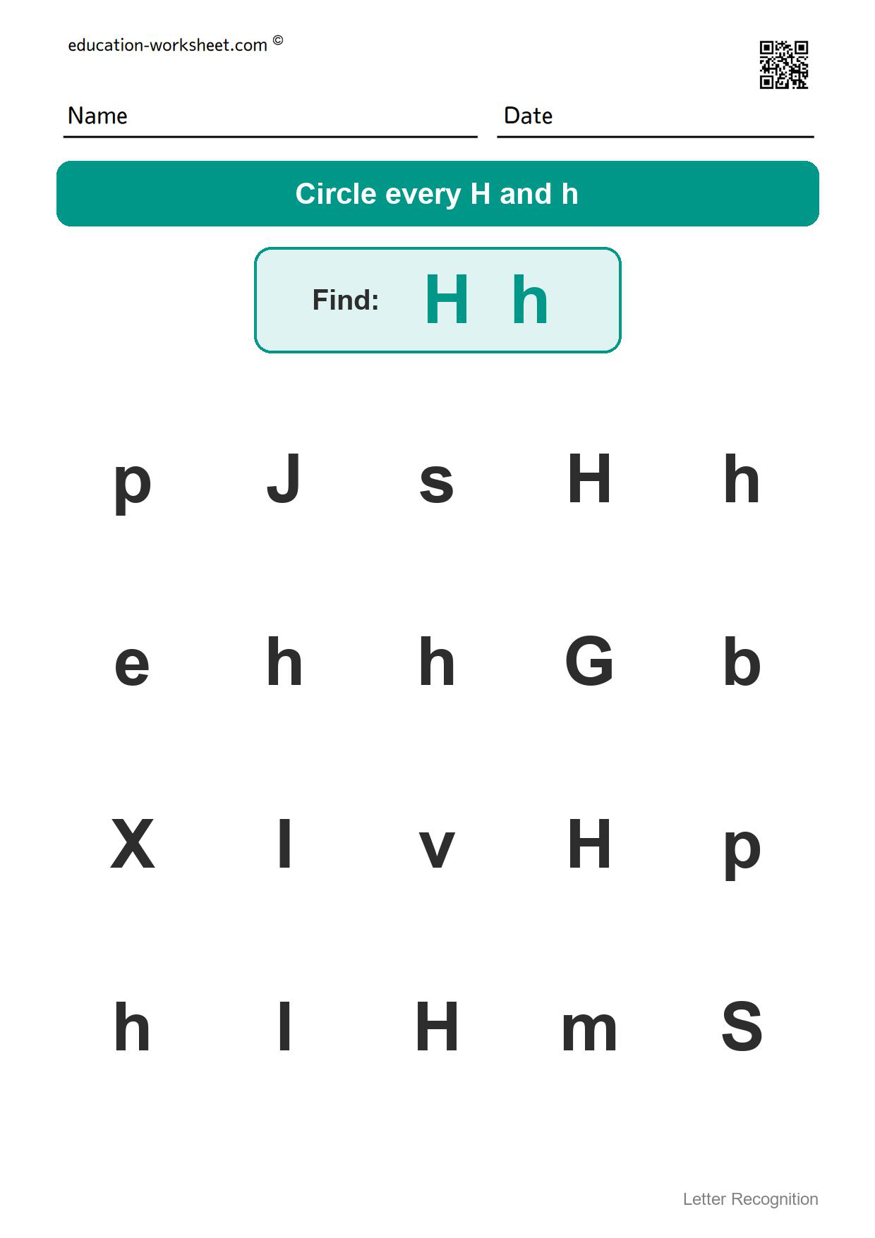 Find the letter Hh - Free Find the Letter Worksheets for Kindergarten - Letter Recognition