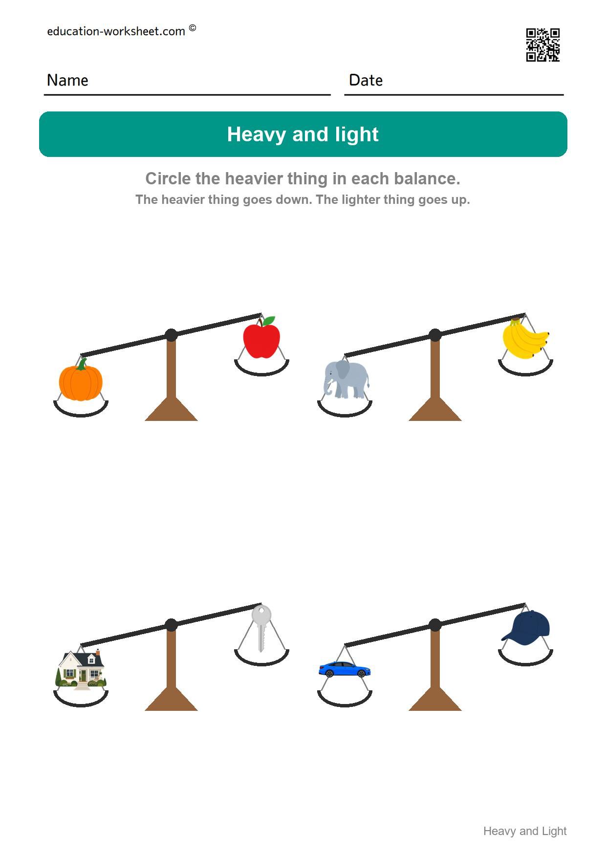 Circle the heavier thing (Set 1) - Free Heavy and Light Worksheets for Kindergarten - Compare Weight