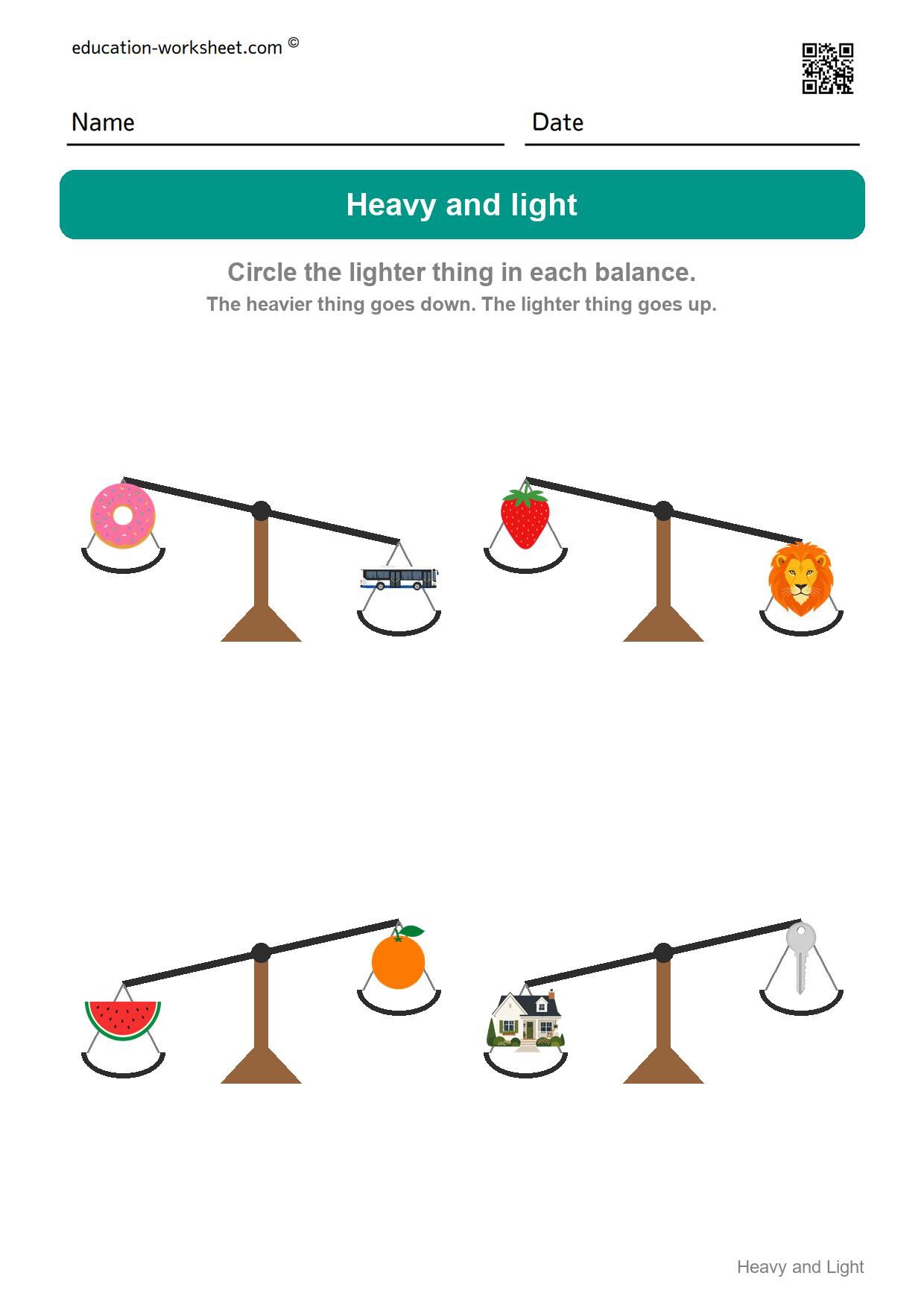 Circle the lighter thing (Set 10) - Free Heavy and Light Worksheets for Kindergarten - Compare Weight
