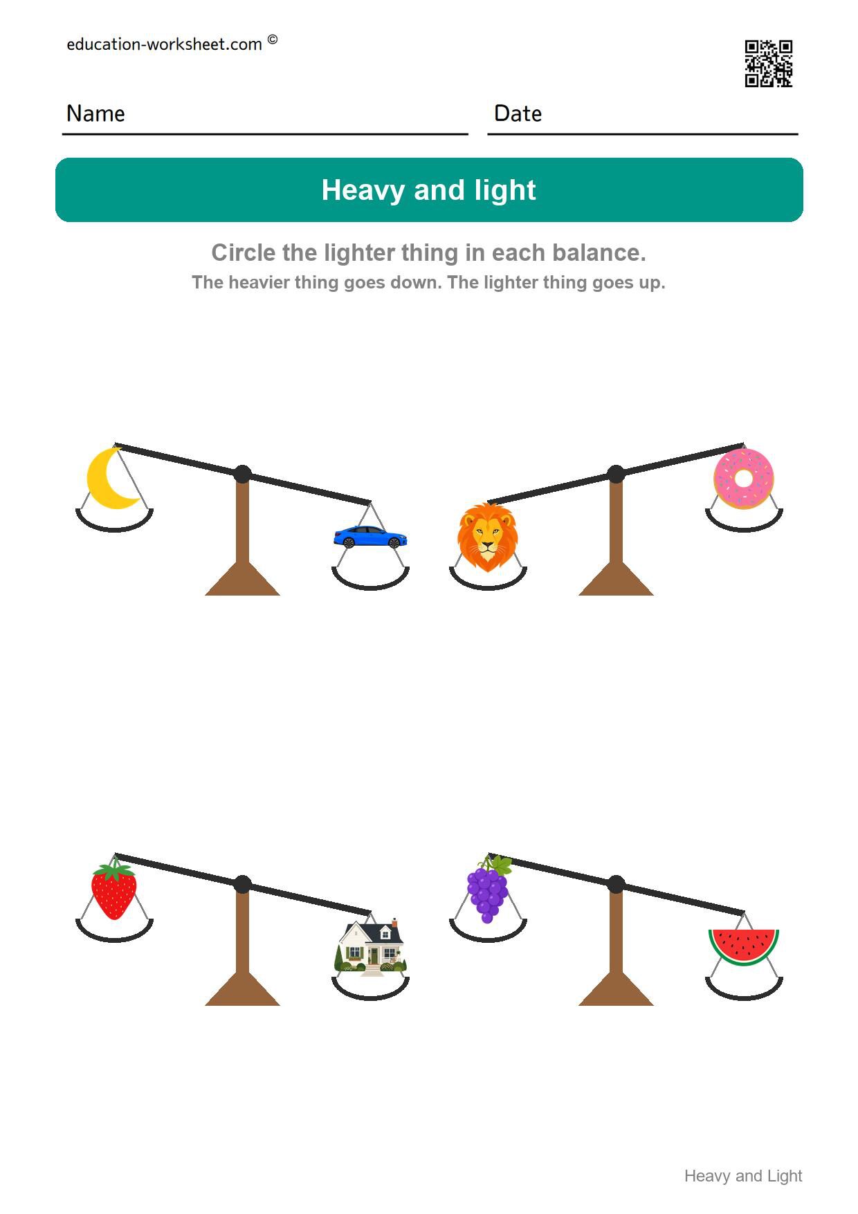 Circle the lighter thing (Set 6) - Free Heavy and Light Worksheets for Kindergarten - Compare Weight