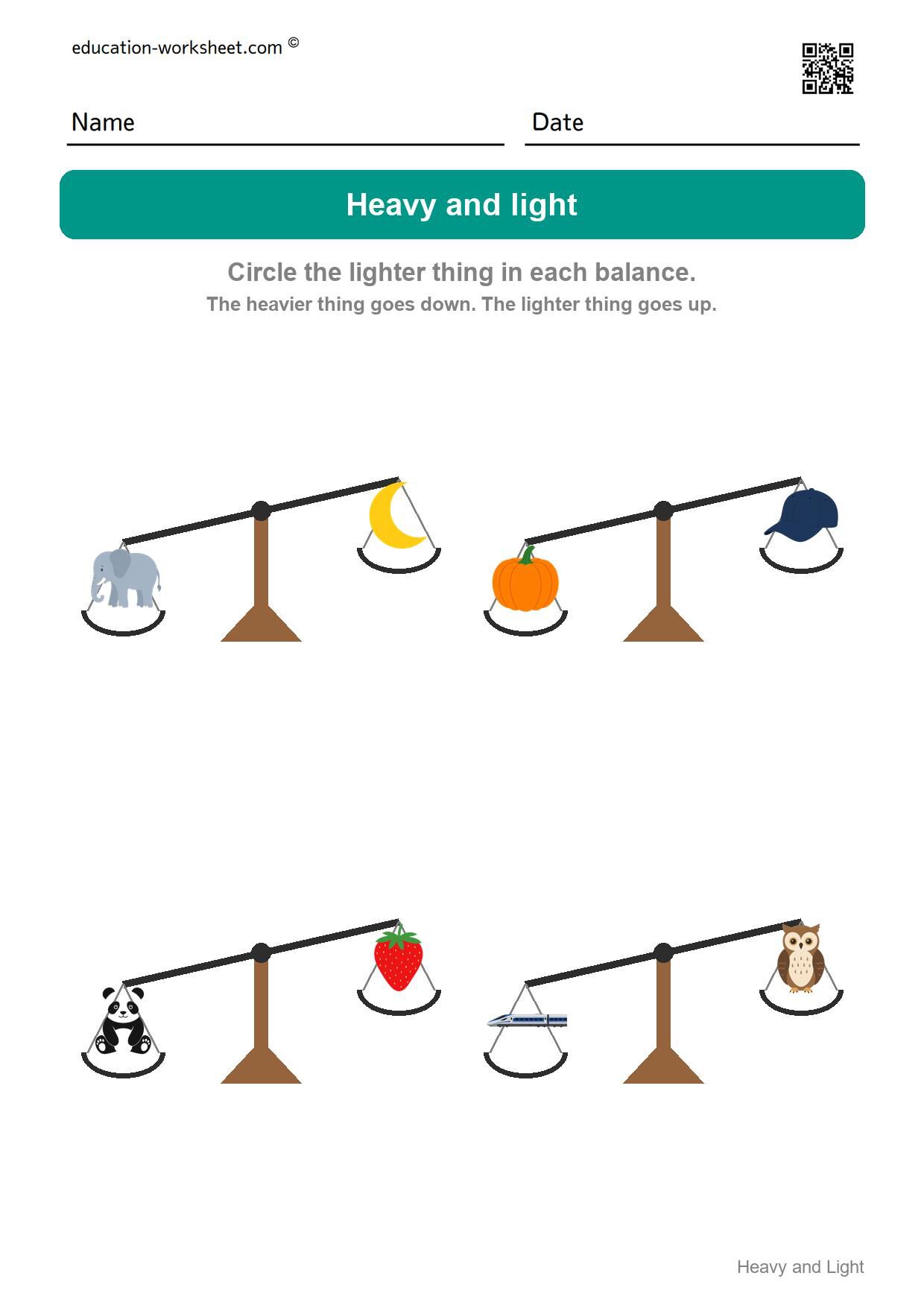 Circle the lighter thing (Set 7) - Free Heavy and Light Worksheets for Kindergarten - Compare Weight