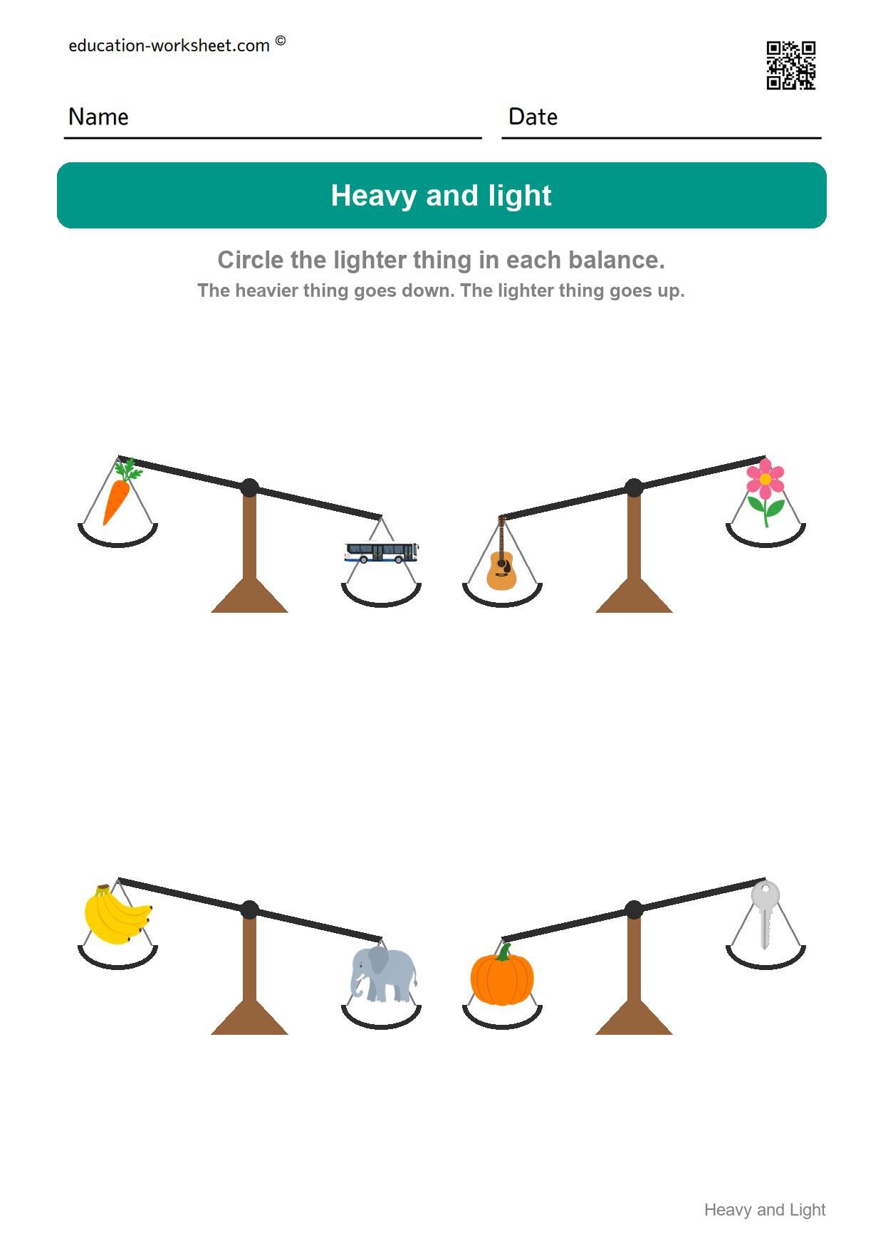 Circle the lighter thing (Set 8) - Free Heavy and Light Worksheets for Kindergarten - Compare Weight