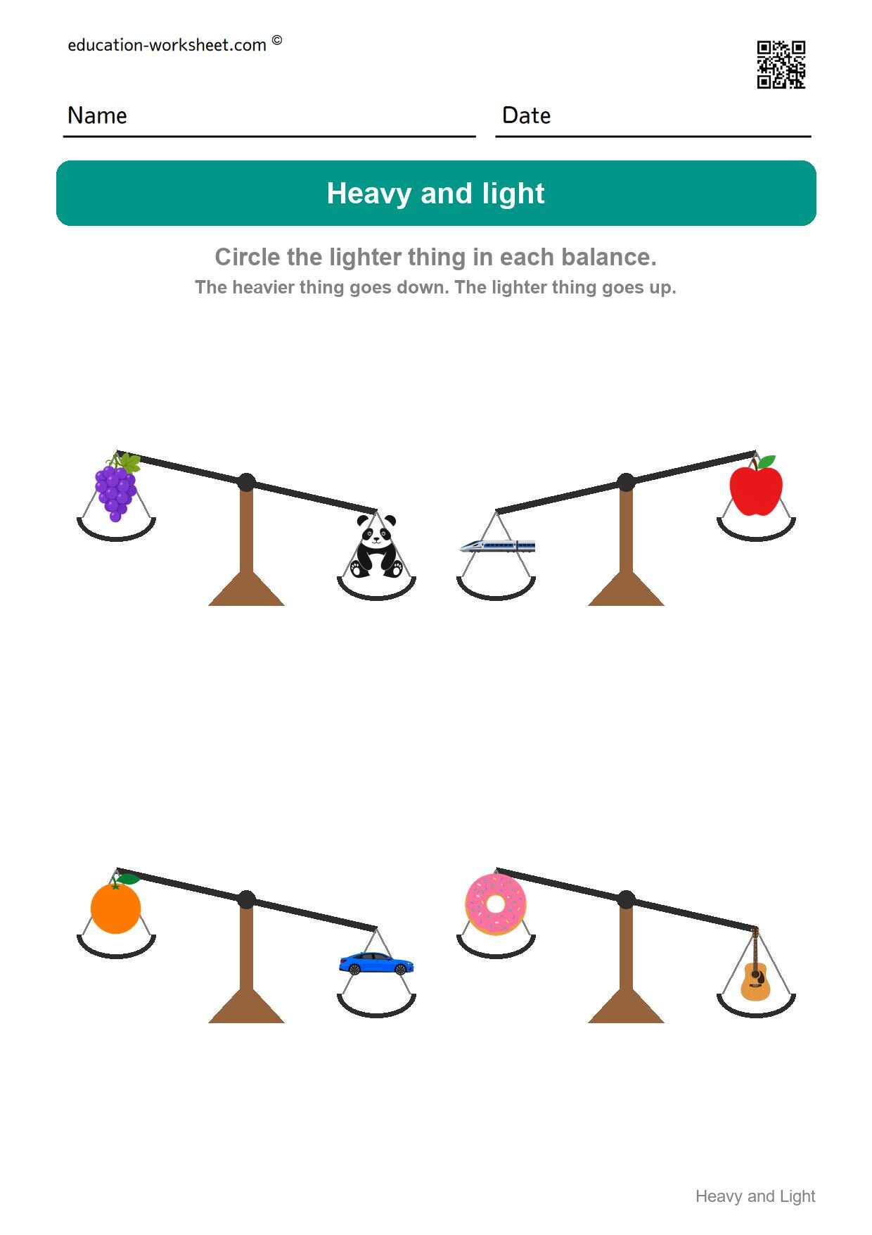 Circle the lighter thing (Set 9) - Free Heavy and Light Worksheets for Kindergarten - Compare Weight