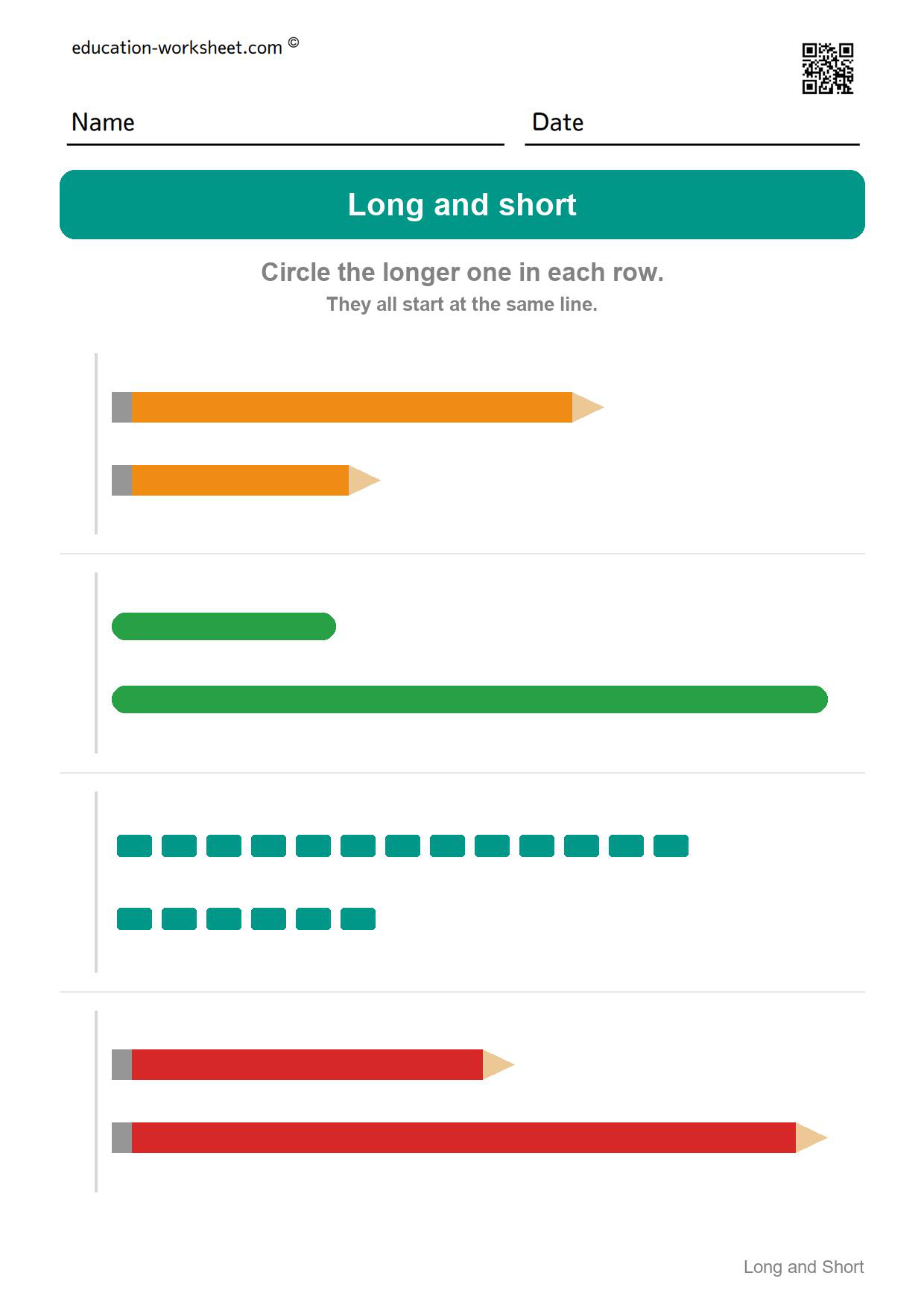 Circle the longer one (Set 1) - Free Long and Short Worksheets for Kindergarten - Compare Lengths