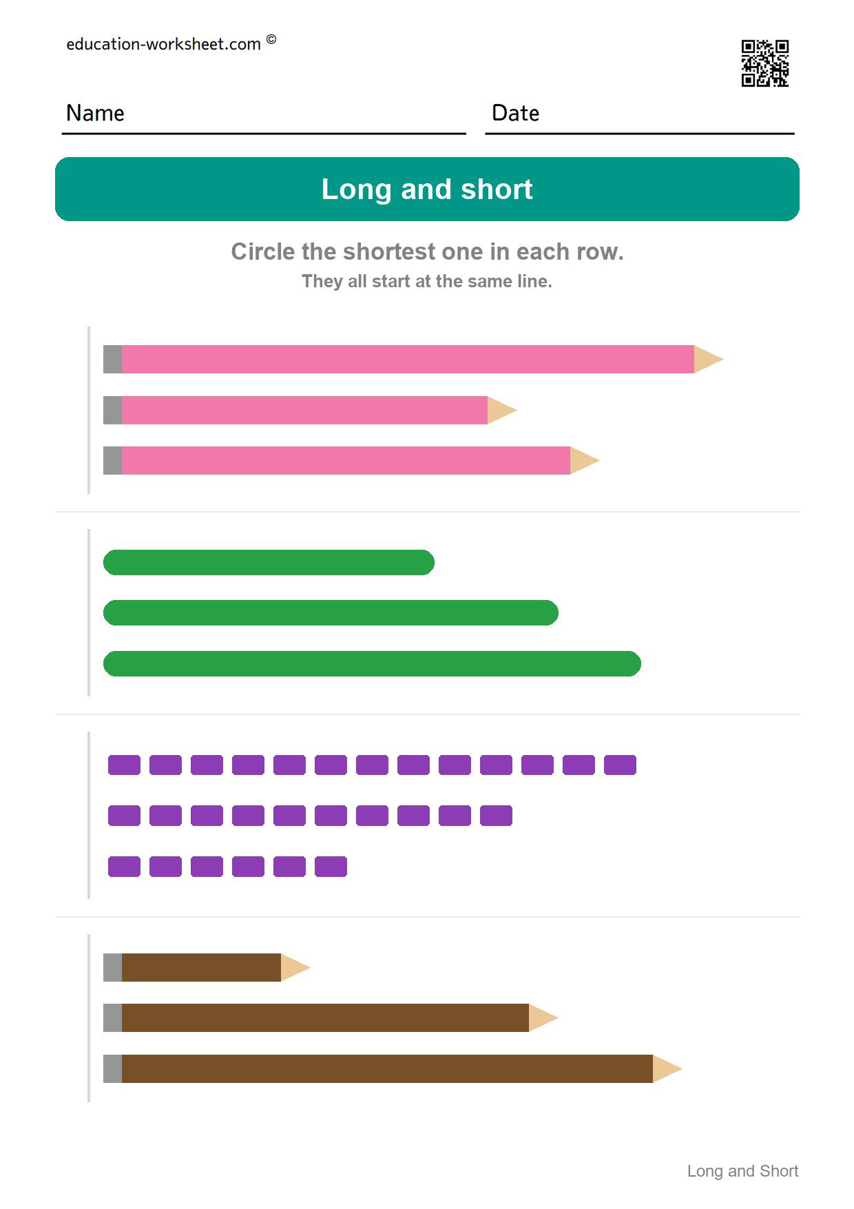Circle the shortest one (Set 10) - Free Long and Short Worksheets for Kindergarten - Compare Lengths