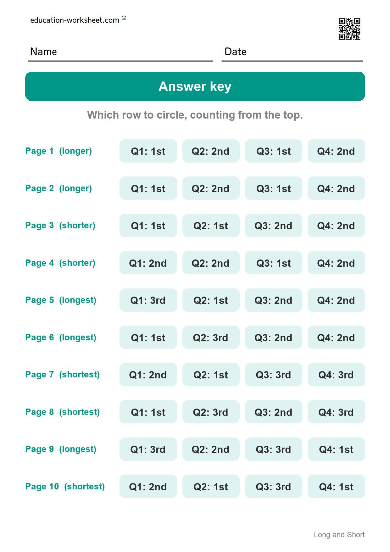 Answer key - all 10 pages - Free Long and Short Worksheets for Kindergarten - Compare Lengths