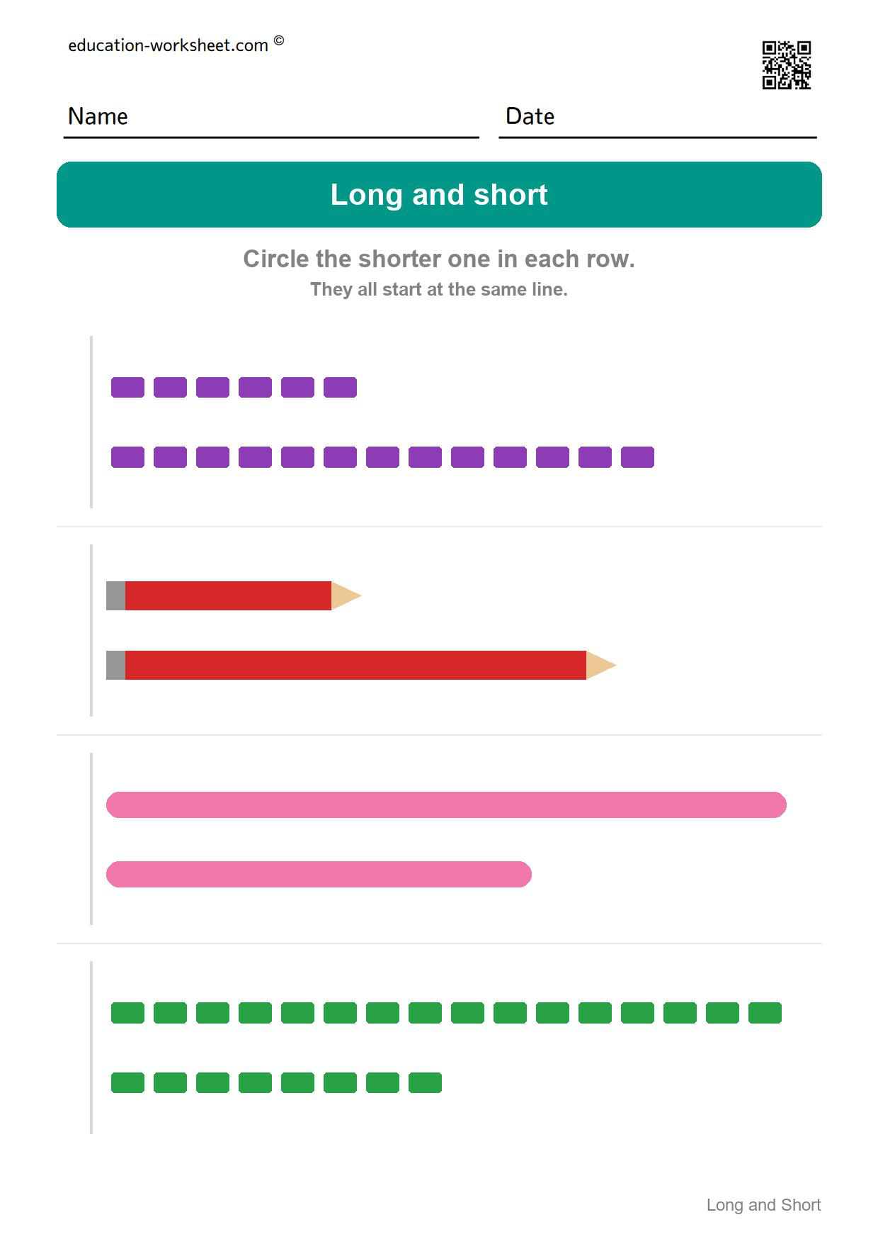 Circle the shorter one (Set 3) - Free Long and Short Worksheets for Kindergarten - Compare Lengths