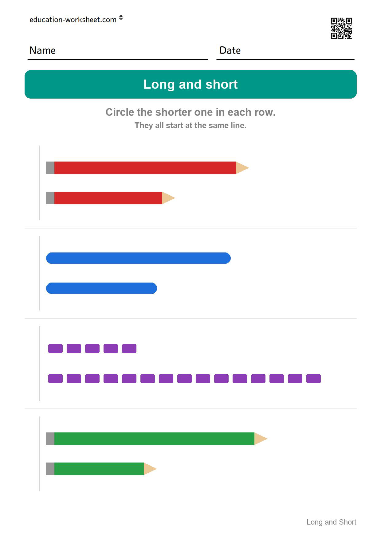 Circle the shorter one (Set 4) - Free Long and Short Worksheets for Kindergarten - Compare Lengths