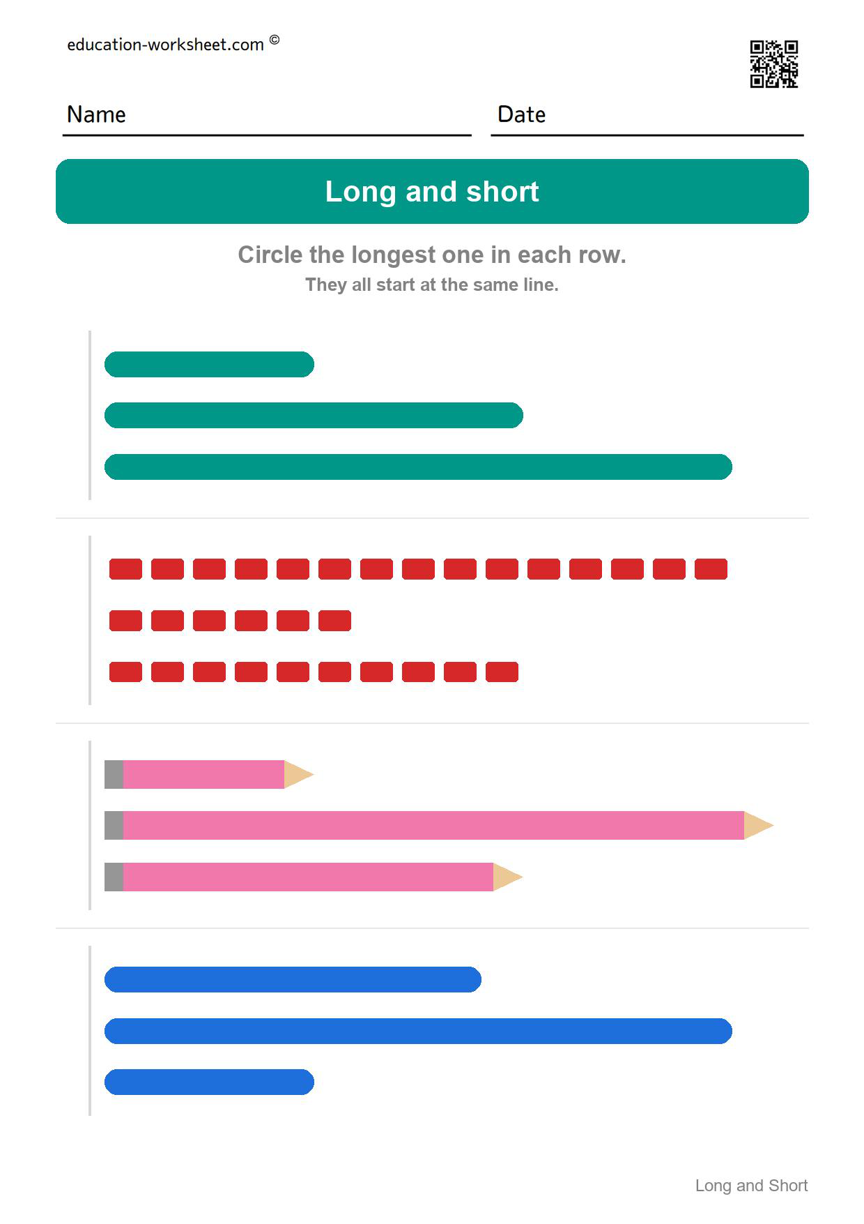 Circle the longest one (Set 5) - Free Long and Short Worksheets for Kindergarten - Compare Lengths